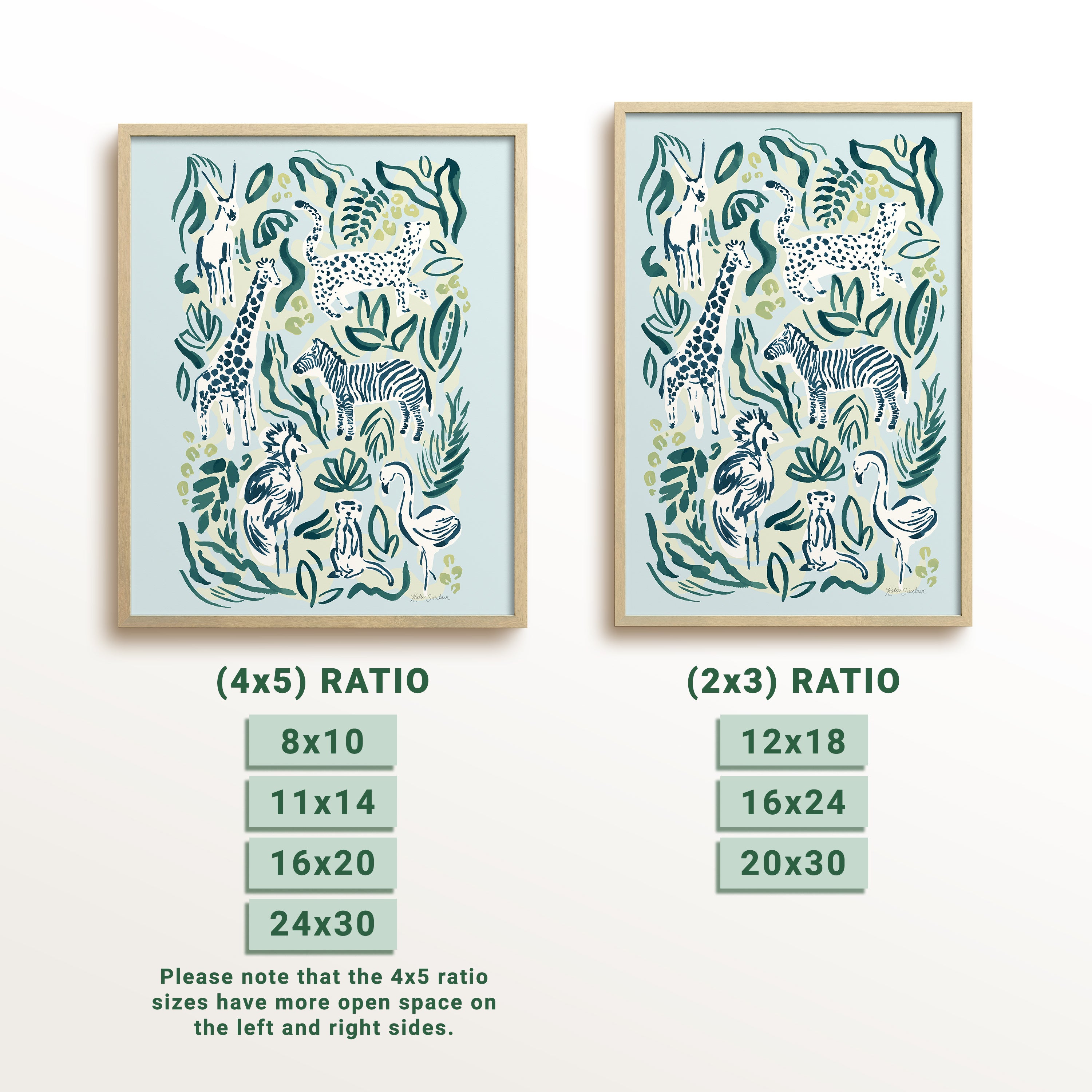 Safari Jungle by Katie Sinclair, showcasing the different print sizes offered and how their ratios look in a frame.