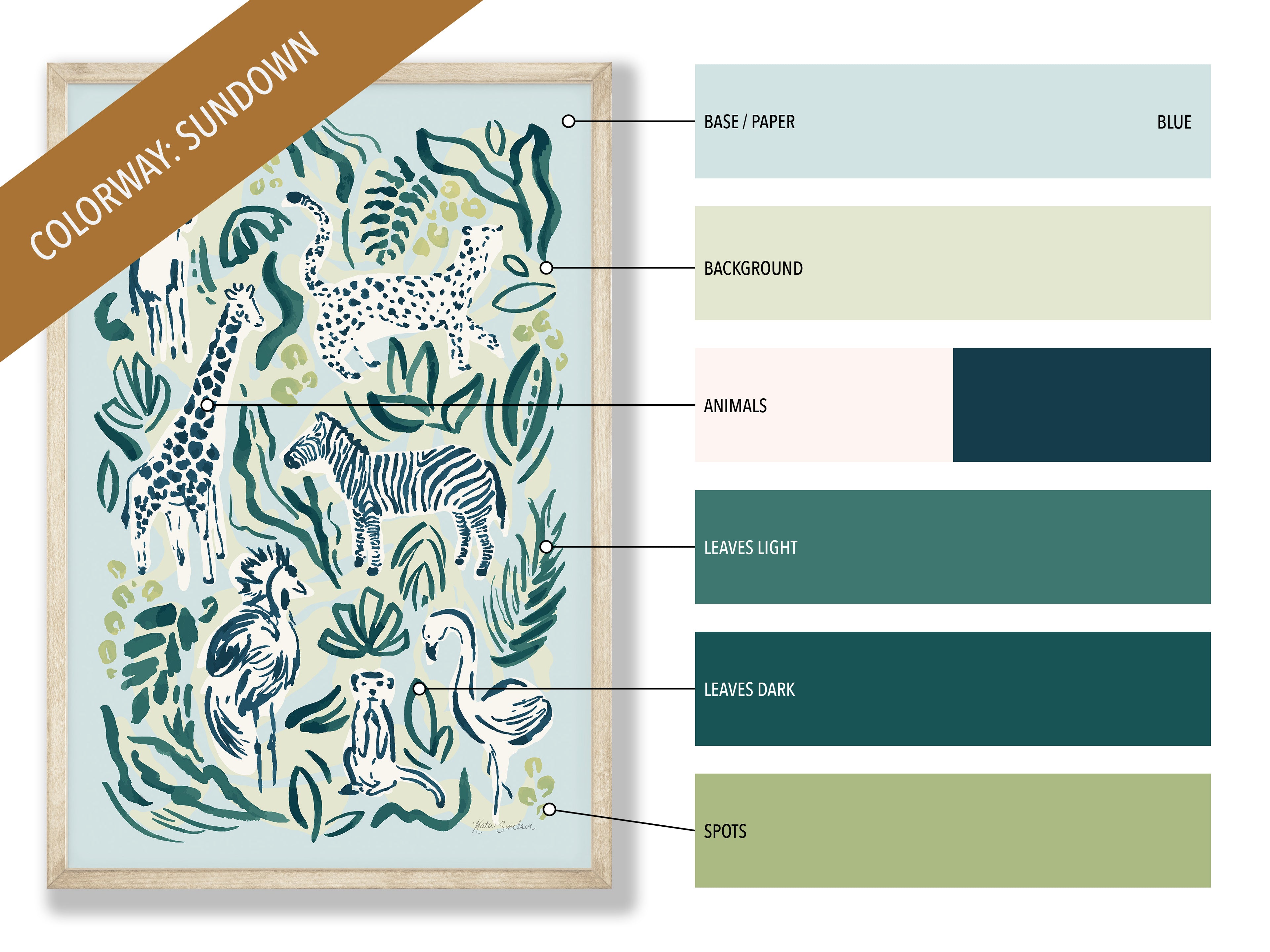 Safari Jungle - Zebra print showing the Sundown blues and greens colorway tones.