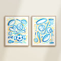 Two framed colorful playful sports watercolor art prints in frames featuring tennis, soccer, ballet and baseball for kids nursery or playroom wall décor.  The main colors are blue, yellow and orange, and green.