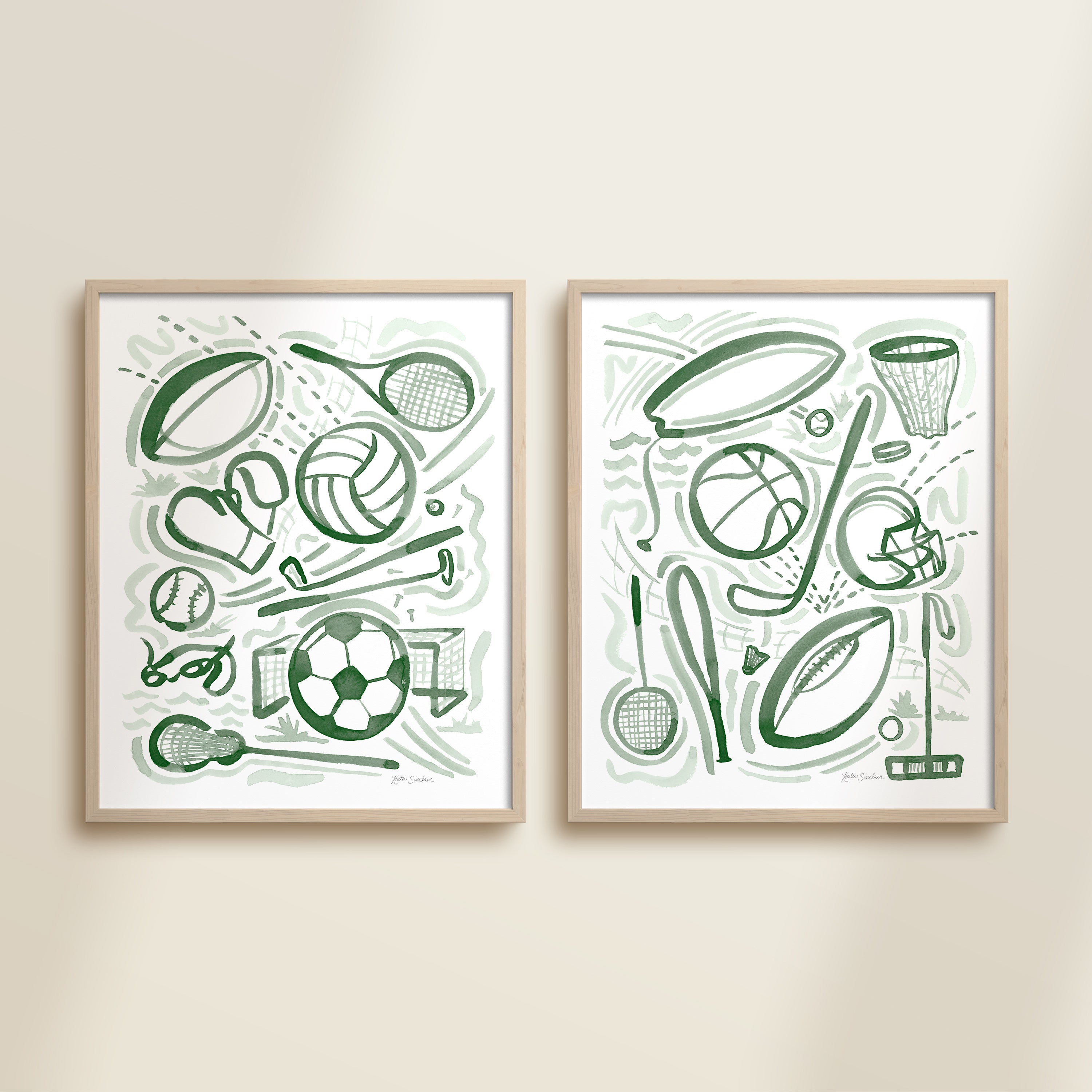 Two framed green playful sports watercolor art prints in frames featuring tennis, soccer, ballet and baseball for kids nursery or playroom wall décor.  