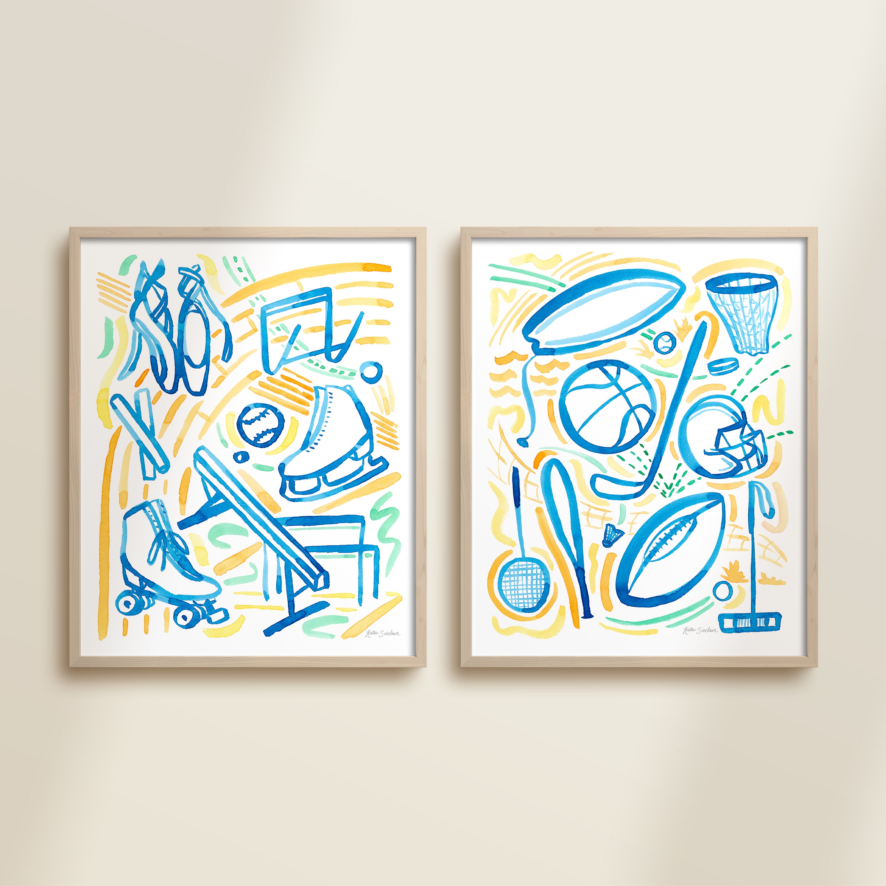 Two framed colorful playful sports watercolor art prints in frames featuring tennis, soccer, ballet and baseball for kids nursery or playroom wall décor.  The main colors are blue, yellow and orange, and green.