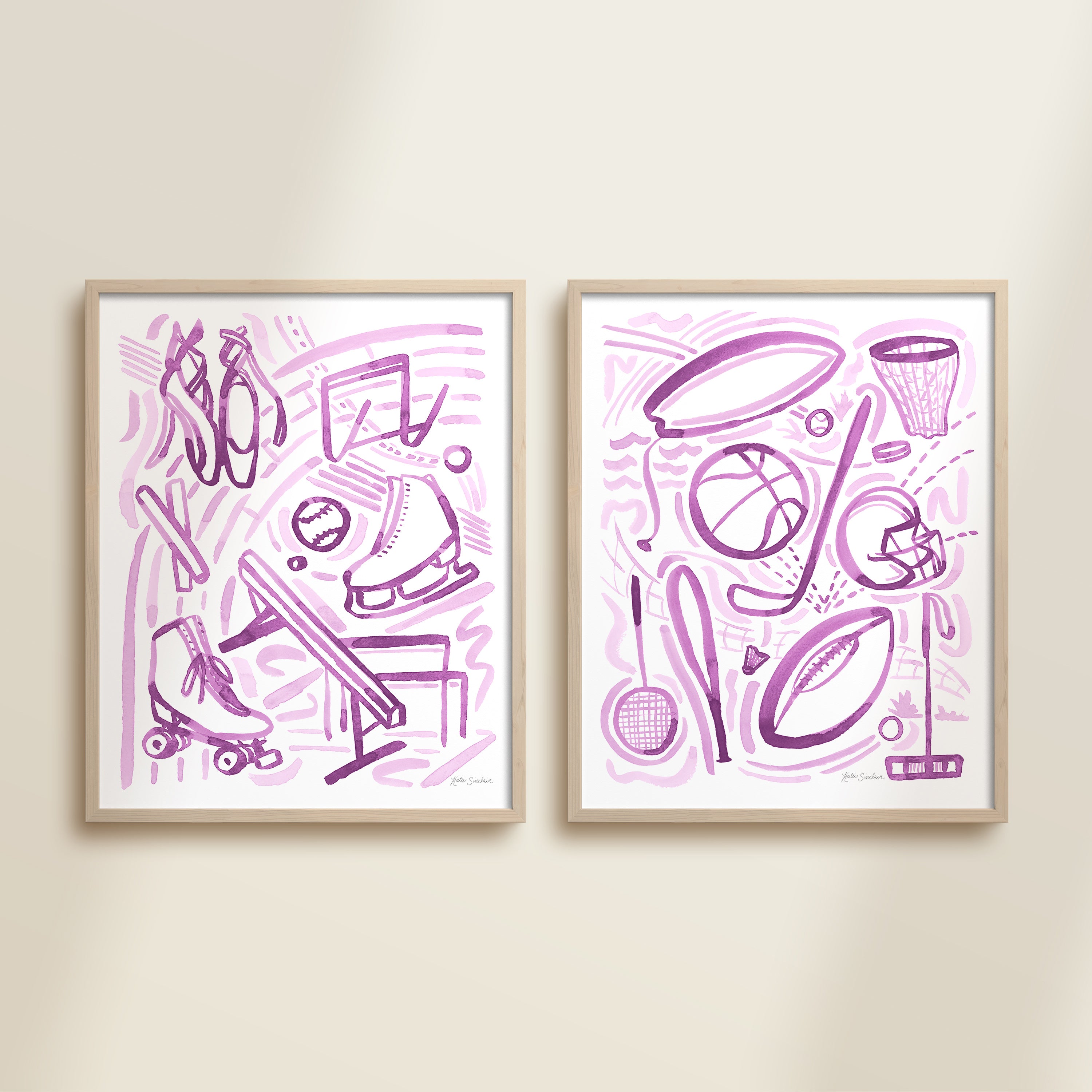 Two framed purple watercolor sports-themed artworks on a beige wall.