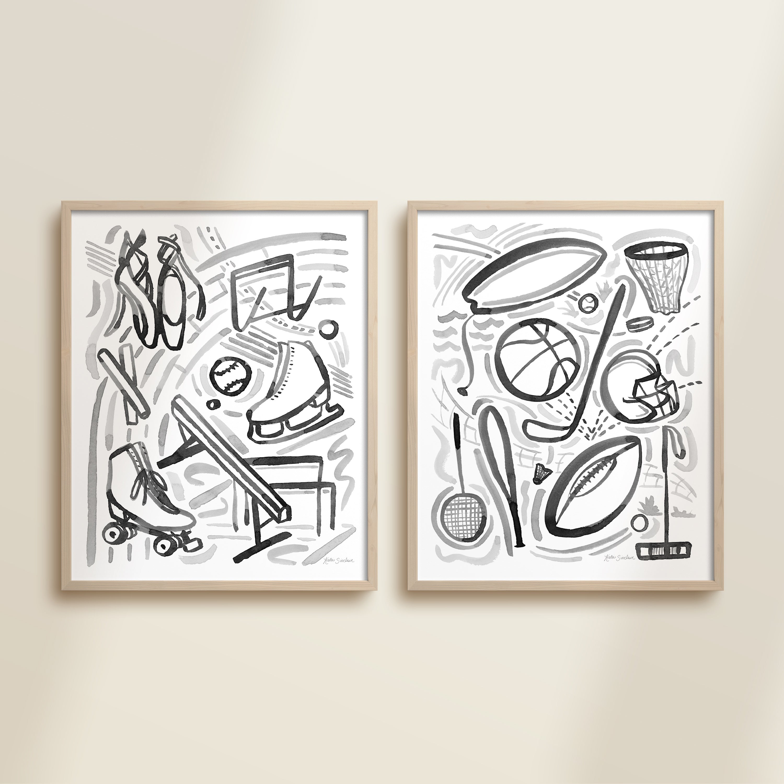 Black and white watercolor sports illustration highlighting key icons and sports elements, a pair of images framed on a beige wall.