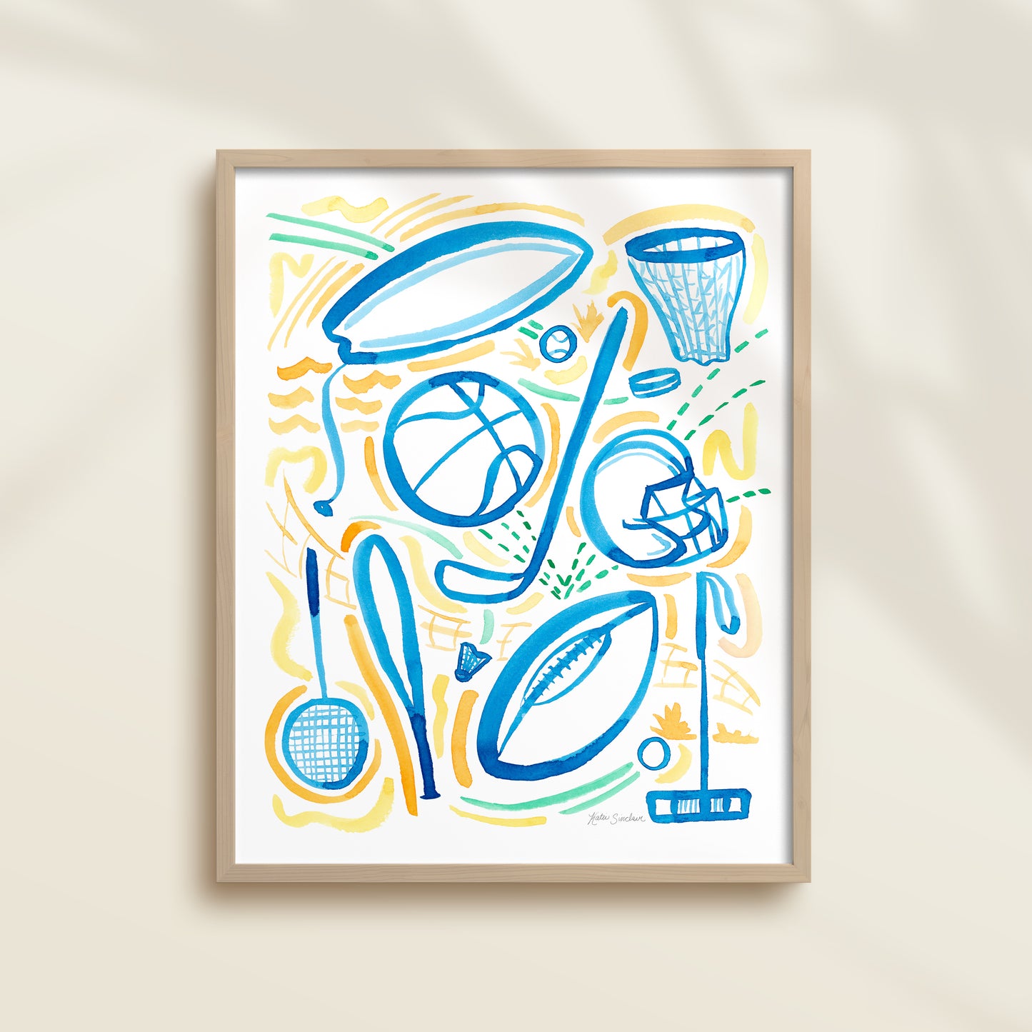 Sports 1 is a watercolor art print featuring basketball, football, surfing, polo, badminton, hockey, and baseball.  It uses blue, orange, and green watercolors on a white background. Perfect for boys’ rooms, nurseries, playrooms.