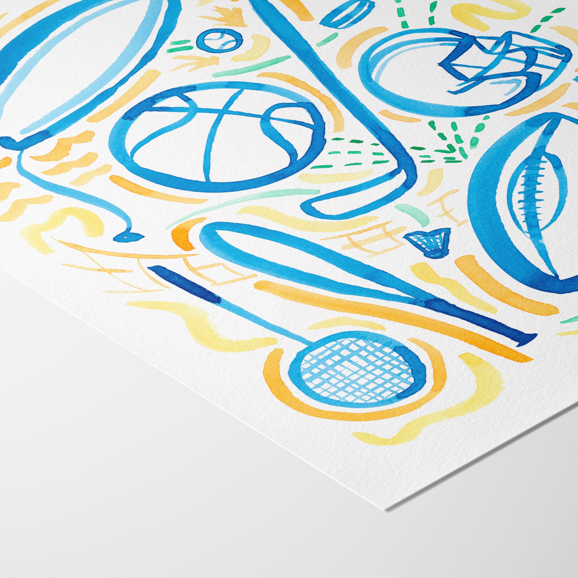 Sports 1 is a watercolor art print featuring basketball, football, surfing, polo, badminton, hockey, and baseball.  It uses green watercolor on a white background. Perfect for boys’ rooms, nurseries, playrooms.  It shows a close up of the corner of the artwork highlighting the archival paper's natural faint texture.