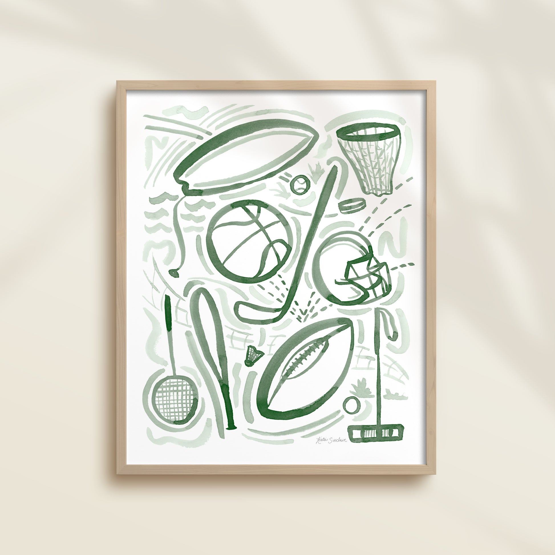 Sports 1 is a watercolor art print featuring basketball, football, surfing, polo, badminton, hockey, and baseball.  It uses green watercolor on a white background. Perfect for boys’ rooms, nurseries, playrooms.