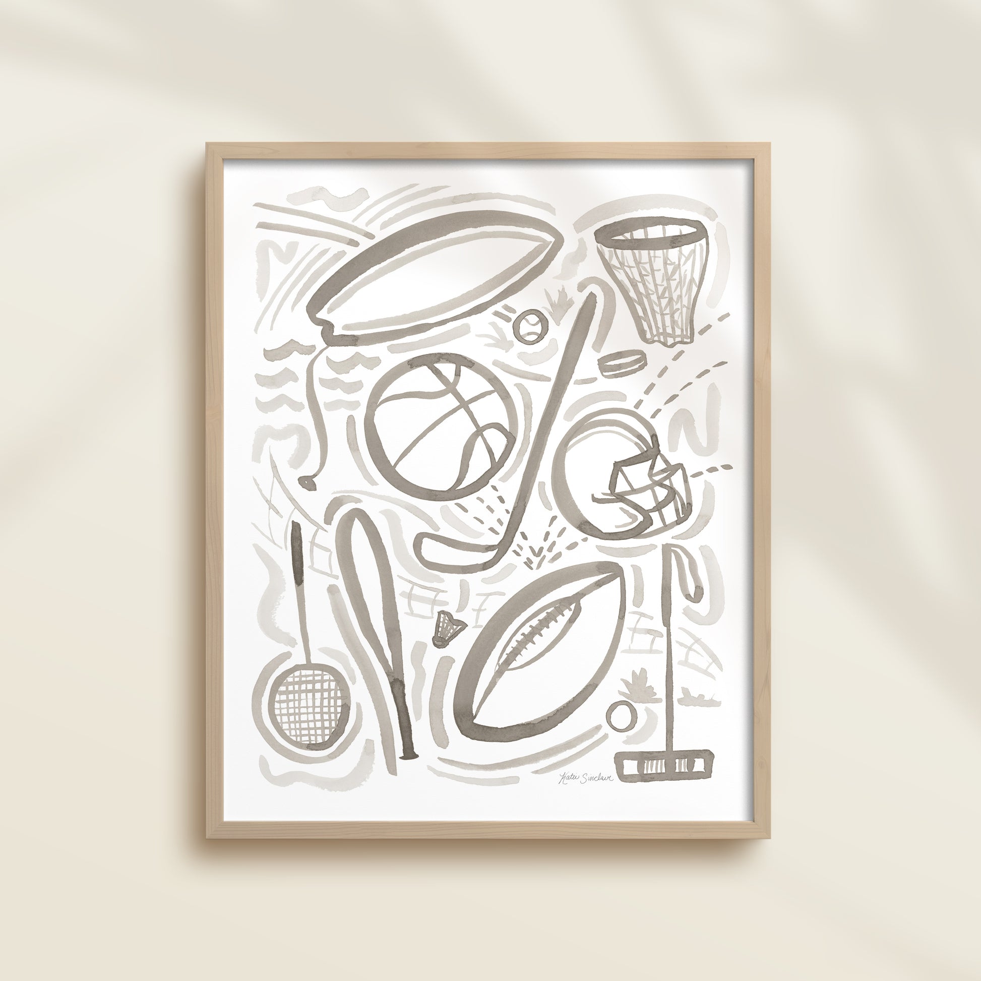 Sports 1 is a watercolor art print featuring basketball, football, surfing, polo, badminton, hockey, and baseball.  It uses warm gray watercolor on a white background. Perfect for boys’ rooms, nurseries, playrooms.
