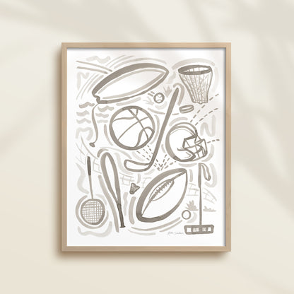Sports 1 is a watercolor art print featuring basketball, football, surfing, polo, badminton, hockey, and baseball.  It uses warm gray watercolor on a white background. Perfect for boys’ rooms, nurseries, playrooms.