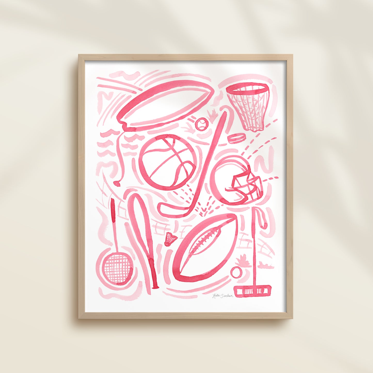 Sports 1 is a watercolor art print featuring basketball, football, surfing, polo, badminton, hockey, and baseball.  It uses pink watercolor on a white background. Perfect for boys’ rooms, nurseries, playrooms.