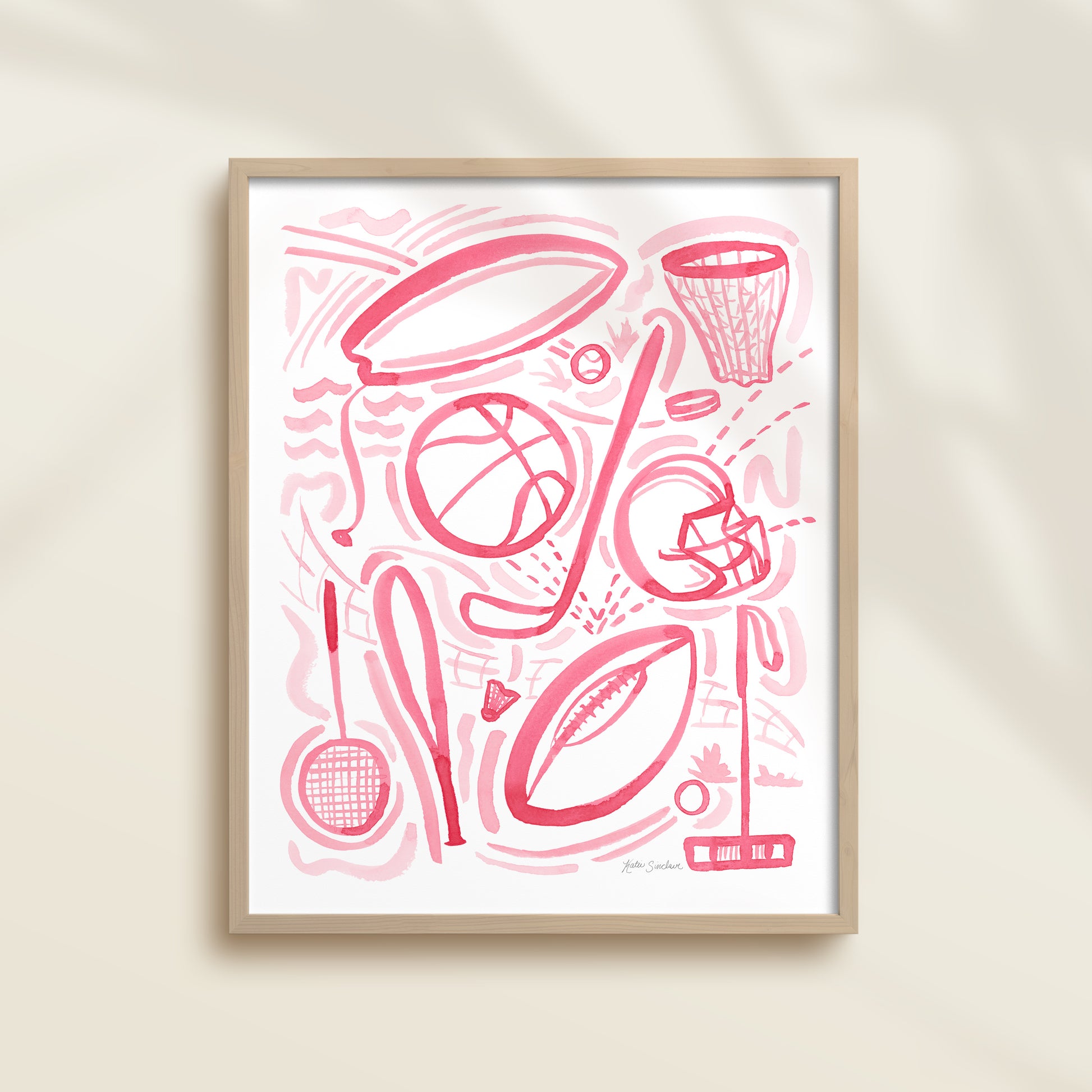 Sports 1 is a watercolor art print featuring basketball, football, surfing, polo, badminton, hockey, and baseball.  It uses pink watercolor on a white background. Perfect for boys’ rooms, nurseries, playrooms.