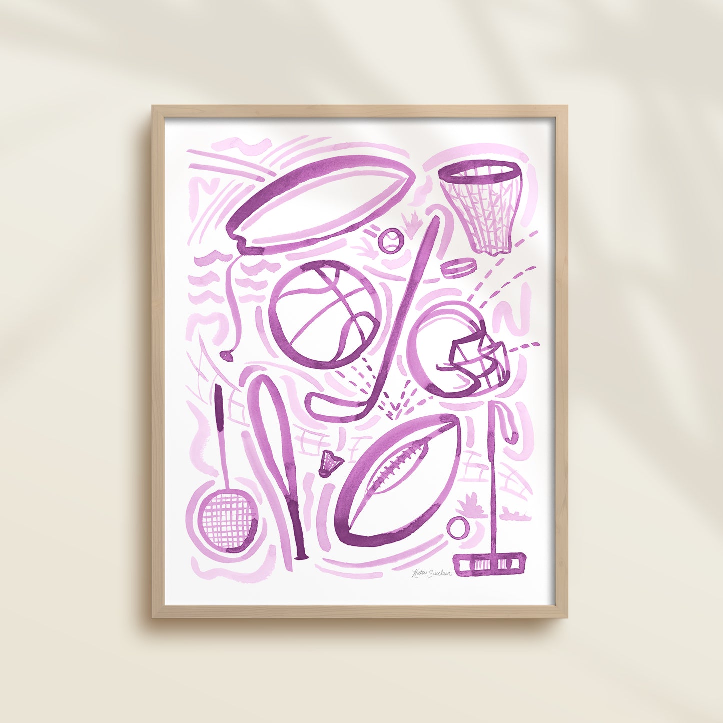 Sports 1 is a watercolor art print featuring basketball, football, surfing, polo, badminton, hockey, and baseball.  It uses purple watercolor on a white background. Perfect for boys’ rooms, nurseries, playrooms.