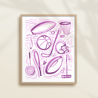 Sports 1 is a watercolor art print featuring basketball, football, surfing, polo, badminton, hockey, and baseball.  It uses purple watercolor on a white background. Perfect for boys’ rooms, nurseries, playrooms.