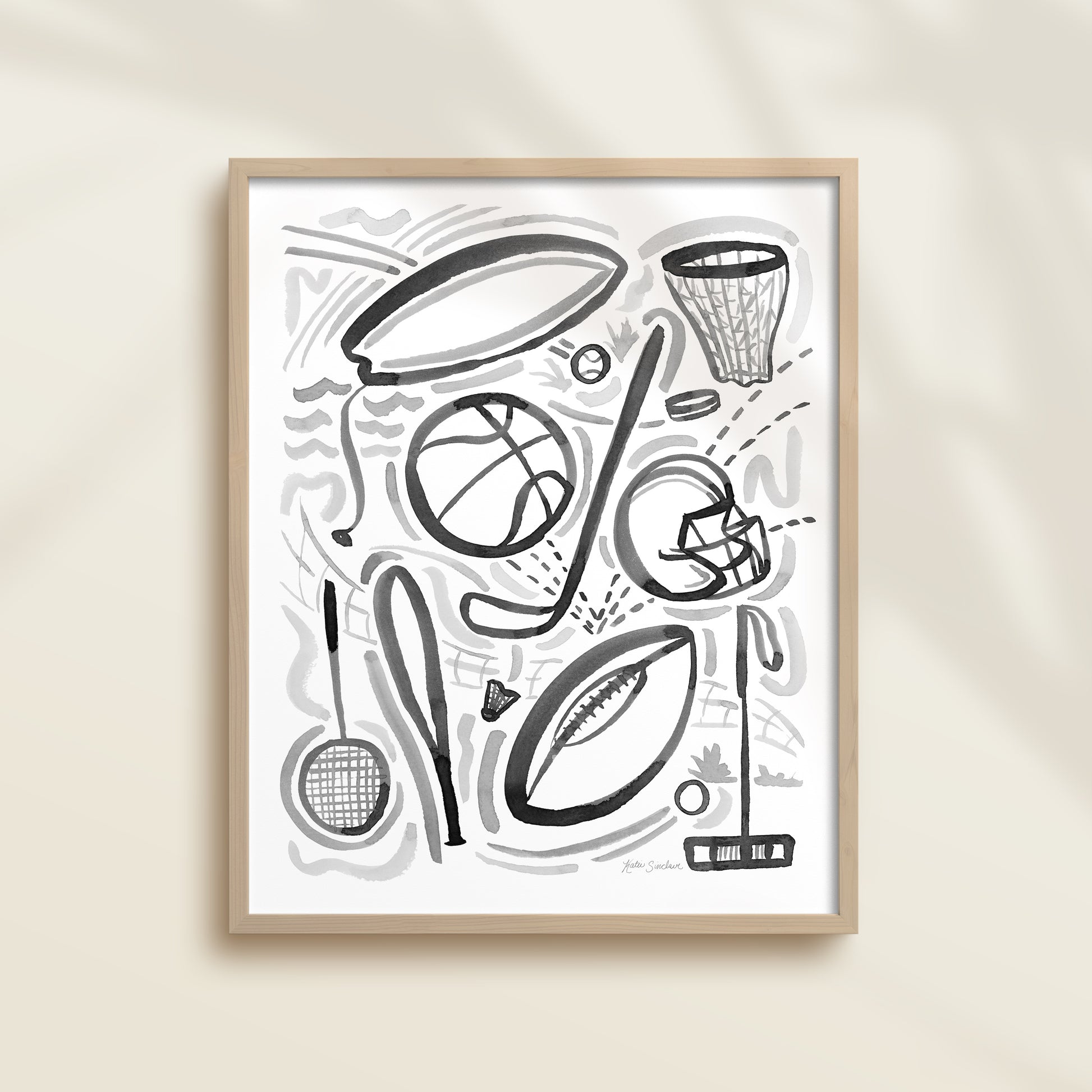 Sports 1 is a watercolor art print featuring basketball, football, surfing, polo, badminton, hockey, and baseball.  It uses black ink on a white background. Perfect for boys’ rooms, nurseries, playrooms.