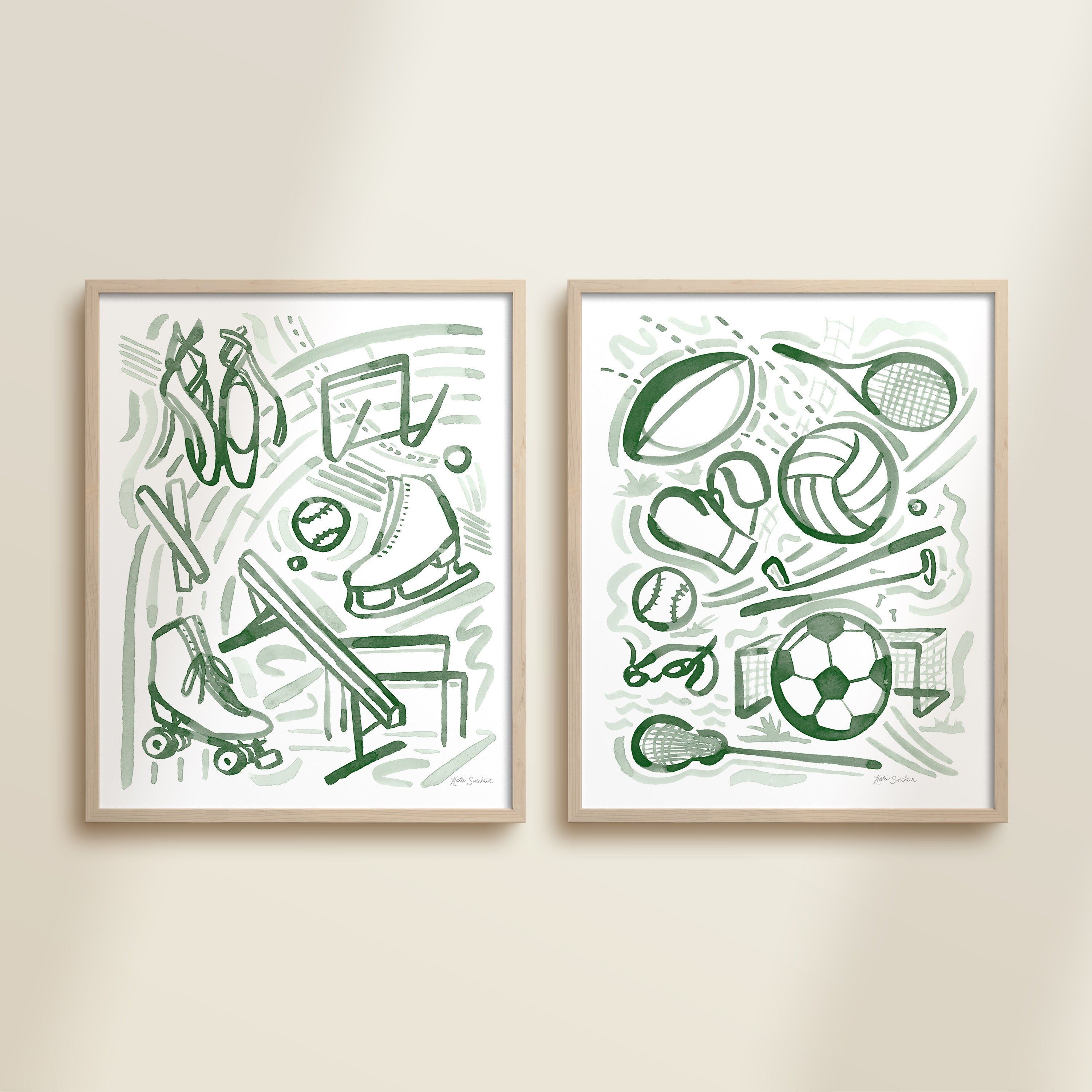 set of two framed kids sports themed watercolor art prints showing classic athletic figures and equipment, perfect nursery wall art