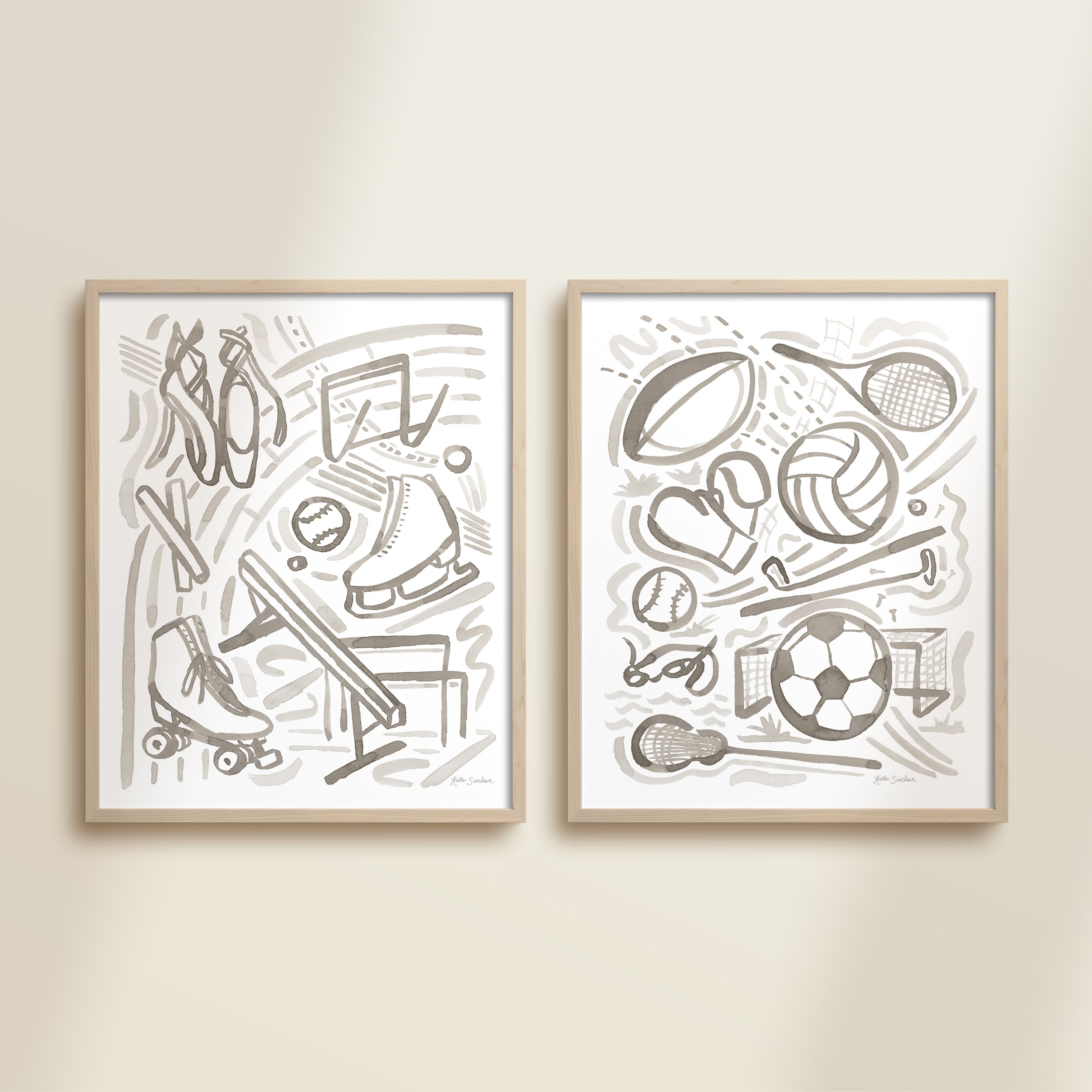 Two framed gray hand-painted watercolor sports illustration detail for children’s room, featuring playful athletic figures, icons, and equipment,