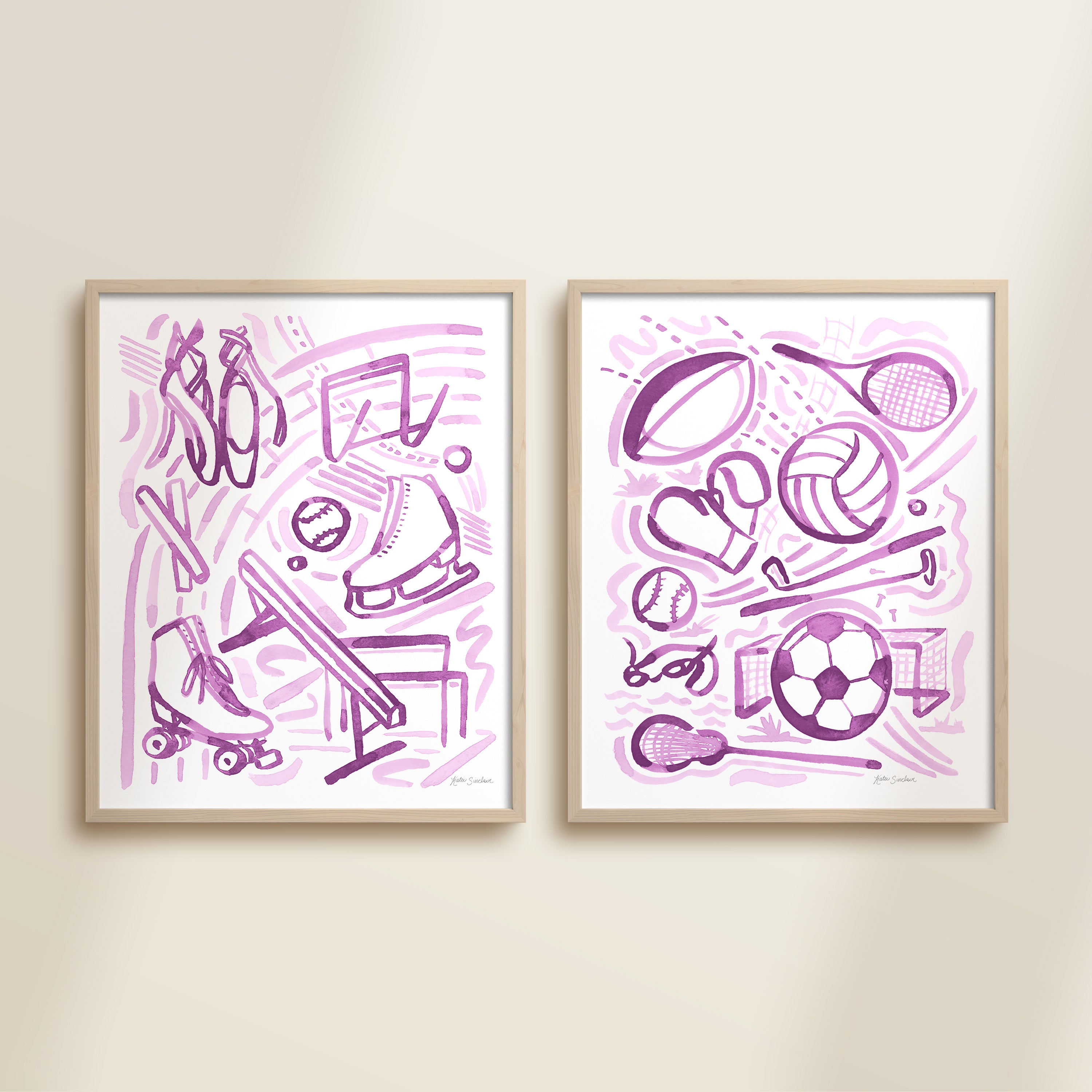 Two framed purple hand-painted watercolor sports illustration detail for children’s room, featuring playful athletic figures, icons, and equipment,