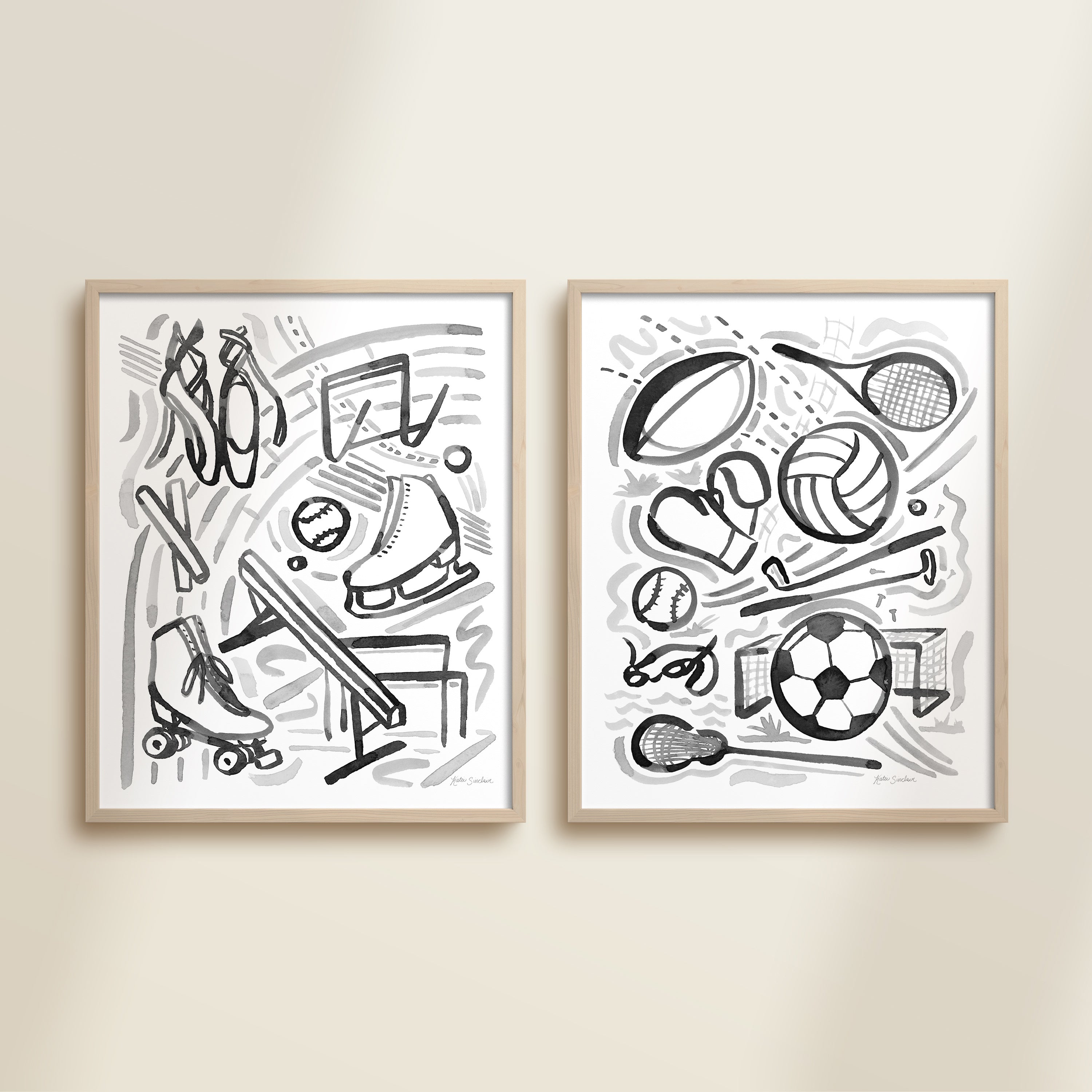 Two framed black and white hand-painted watercolor sports illustration detail for children’s room, featuring playful athletic figures, icons, and equipment,