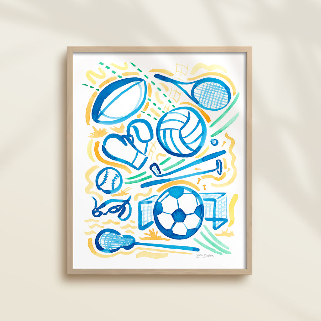 This sports watercolor art print features rugby, tennis, volleyball, golf, boxing, baseball, swimming, soccer, and lacrosse.  It uses green, blue, and orange watercolors on a white background. Perfect for kids' rooms, nurseries, playrooms.