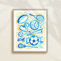 This sports watercolor art print features rugby, tennis, volleyball, golf, boxing, baseball, swimming, soccer, and lacrosse.  It uses green, blue, and orange watercolors on a white background. Perfect for kids' rooms, nurseries, playrooms.