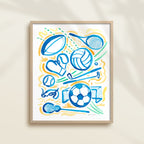 This sports watercolor art print features rugby, tennis, volleyball, golf, boxing, baseball, swimming, soccer, and lacrosse.  It uses green, blue, and orange watercolors on a white background. Perfect for kids' rooms, nurseries, playrooms.