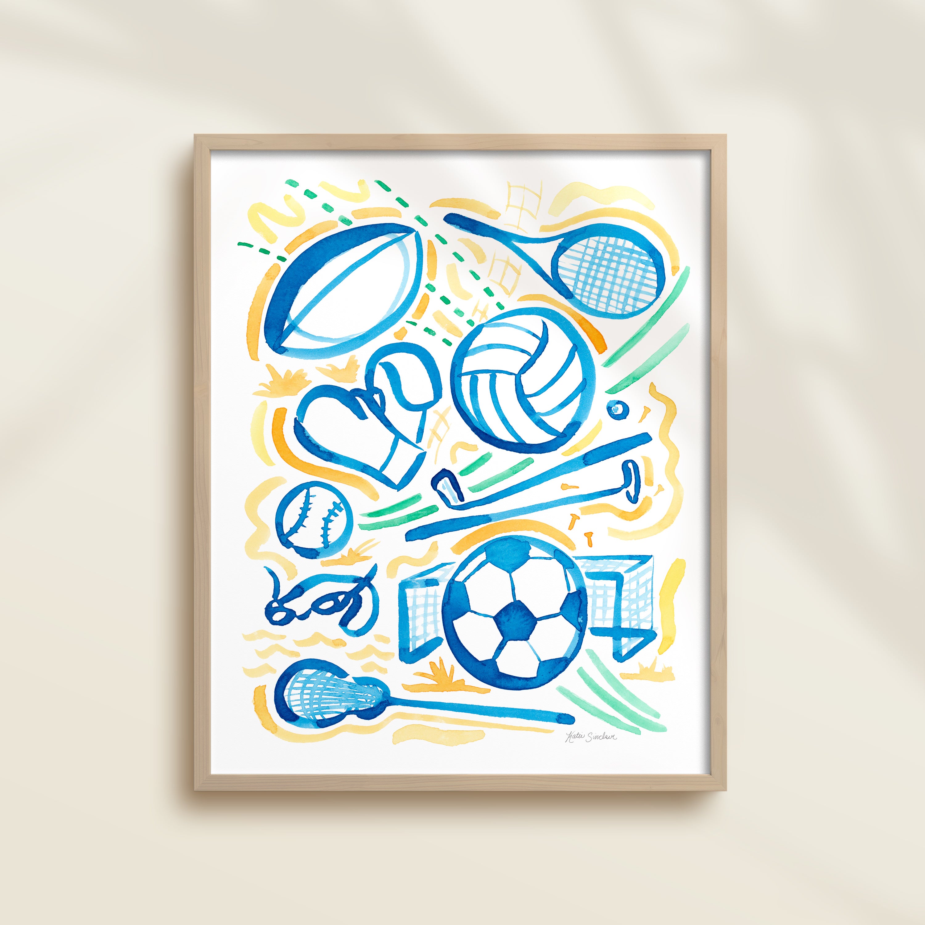 This sports watercolor art print features rugby, tennis, volleyball, golf, boxing, baseball, swimming, soccer, and lacrosse.  It uses green, blue, and orange watercolors on a white background. Perfect for kids' rooms, nurseries, playrooms.