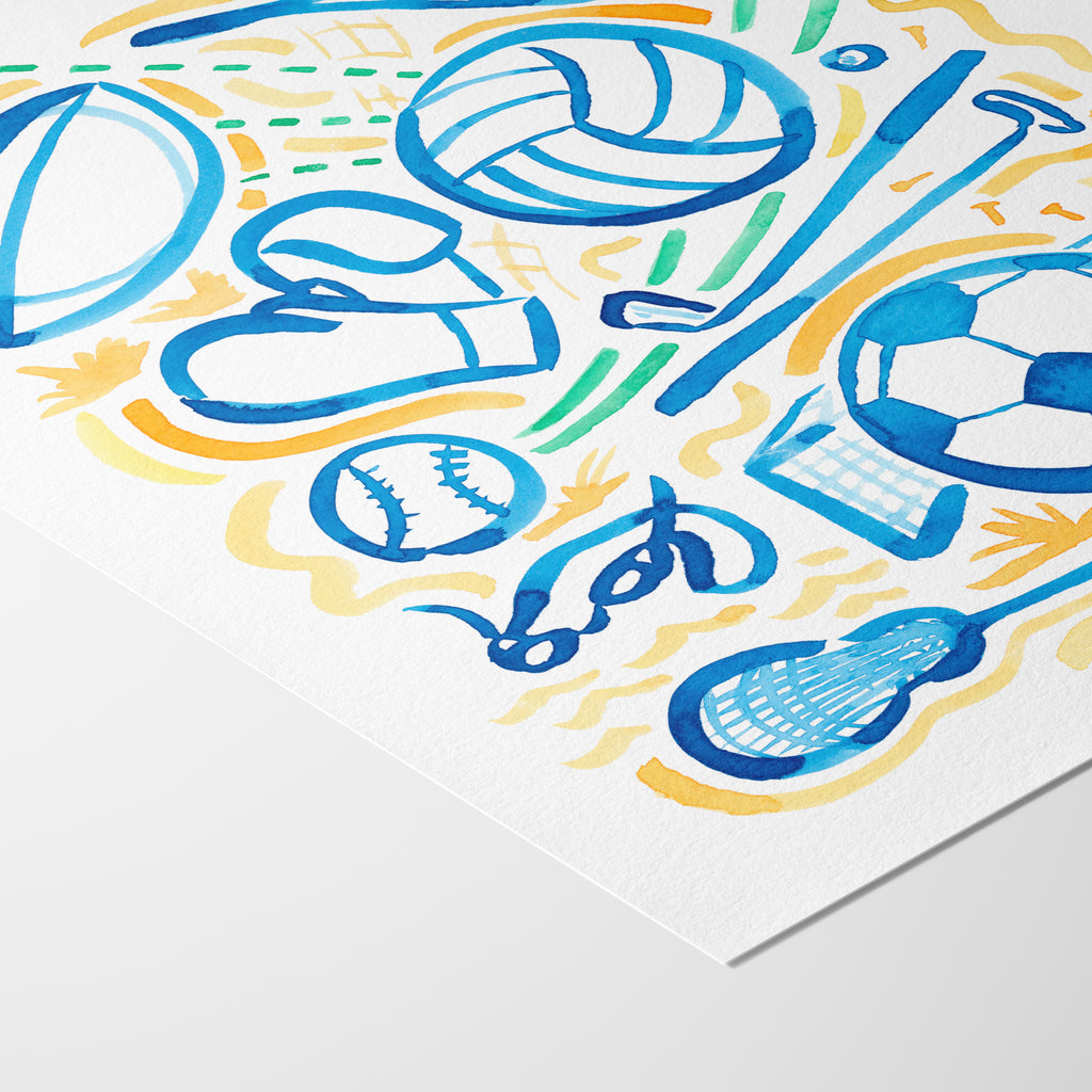 Sports is a watercolor art print featuring various sports motifs and symbols. Perfect for boys’ rooms, nurseries, playrooms.  It shows a close up of the corner of the artwork highlighting the archival paper's natural faint texture.