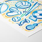 Sports is a watercolor art print featuring various sports motifs and symbols. Perfect for boys’ rooms, nurseries, playrooms.  It shows a close up of the corner of the artwork highlighting the archival paper's natural faint texture.