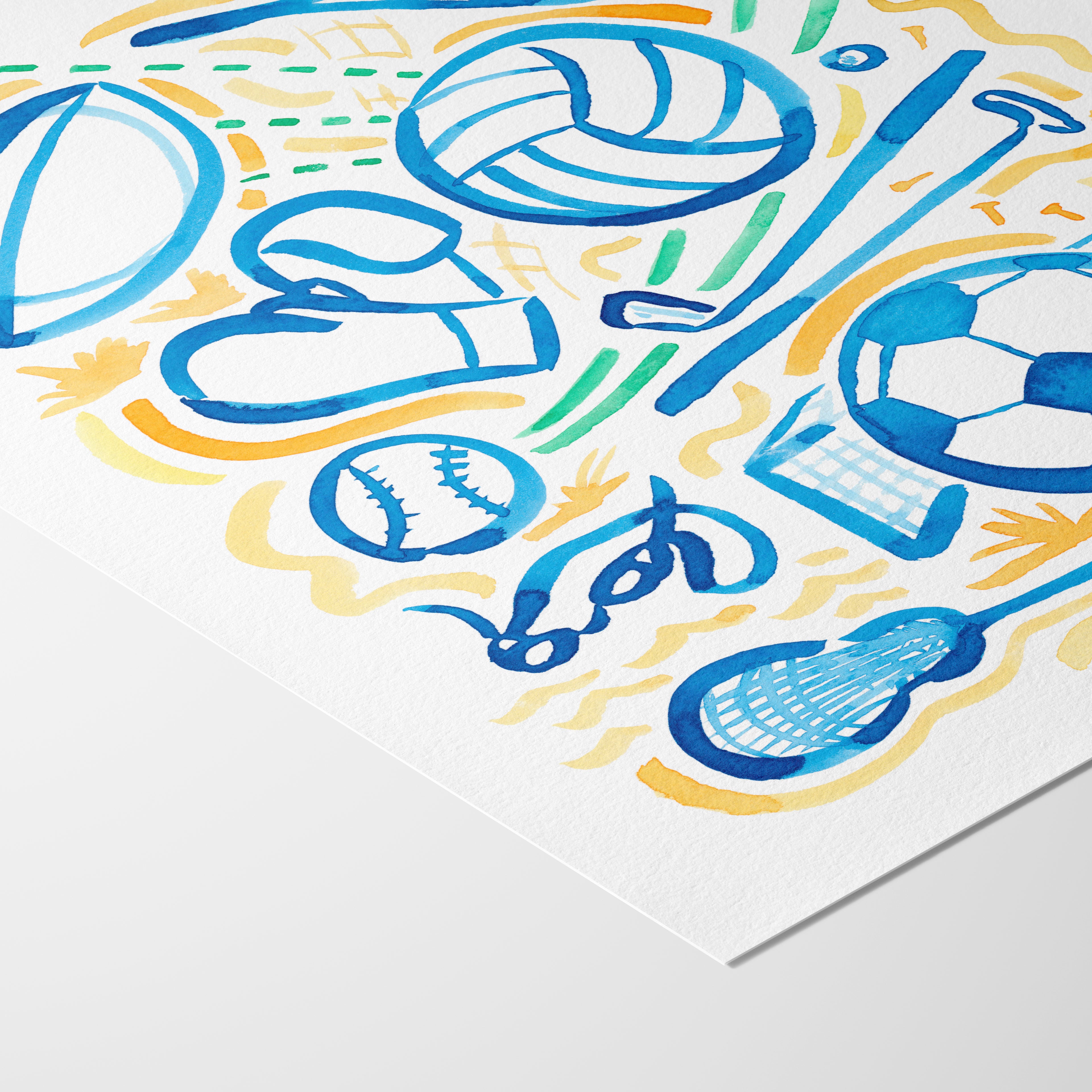 Sports is a watercolor art print featuring various sports motifs and symbols. Perfect for boys’ rooms, nurseries, playrooms.  It shows a close up of the corner of the artwork highlighting the archival paper's natural faint texture.