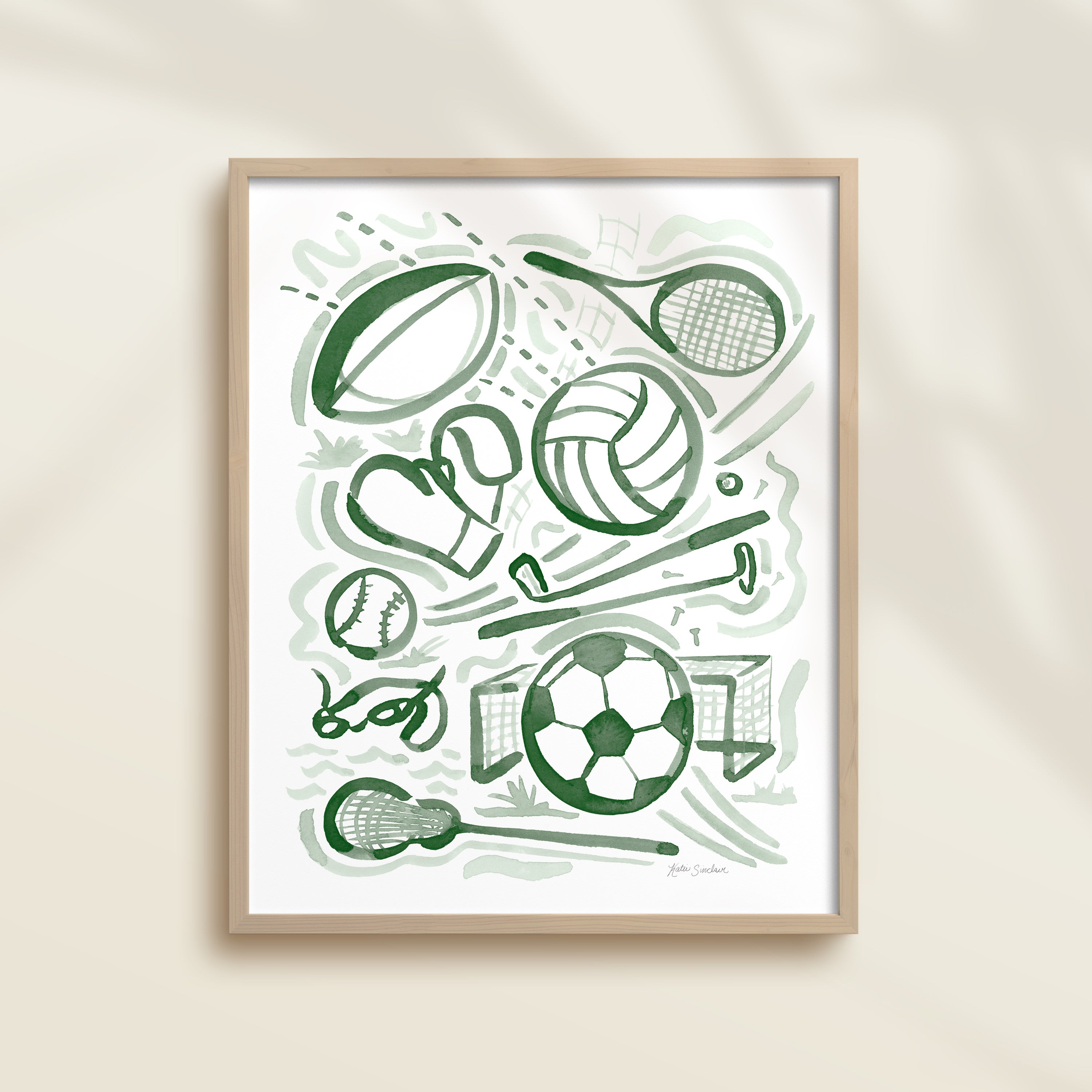 This sports watercolor art print features rugby, tennis, volleyball, golf, boxing, baseball, swimming, soccer, and lacrosse.  It uses green watercolors on a white background. Perfect for kids' rooms, nurseries, playrooms.
