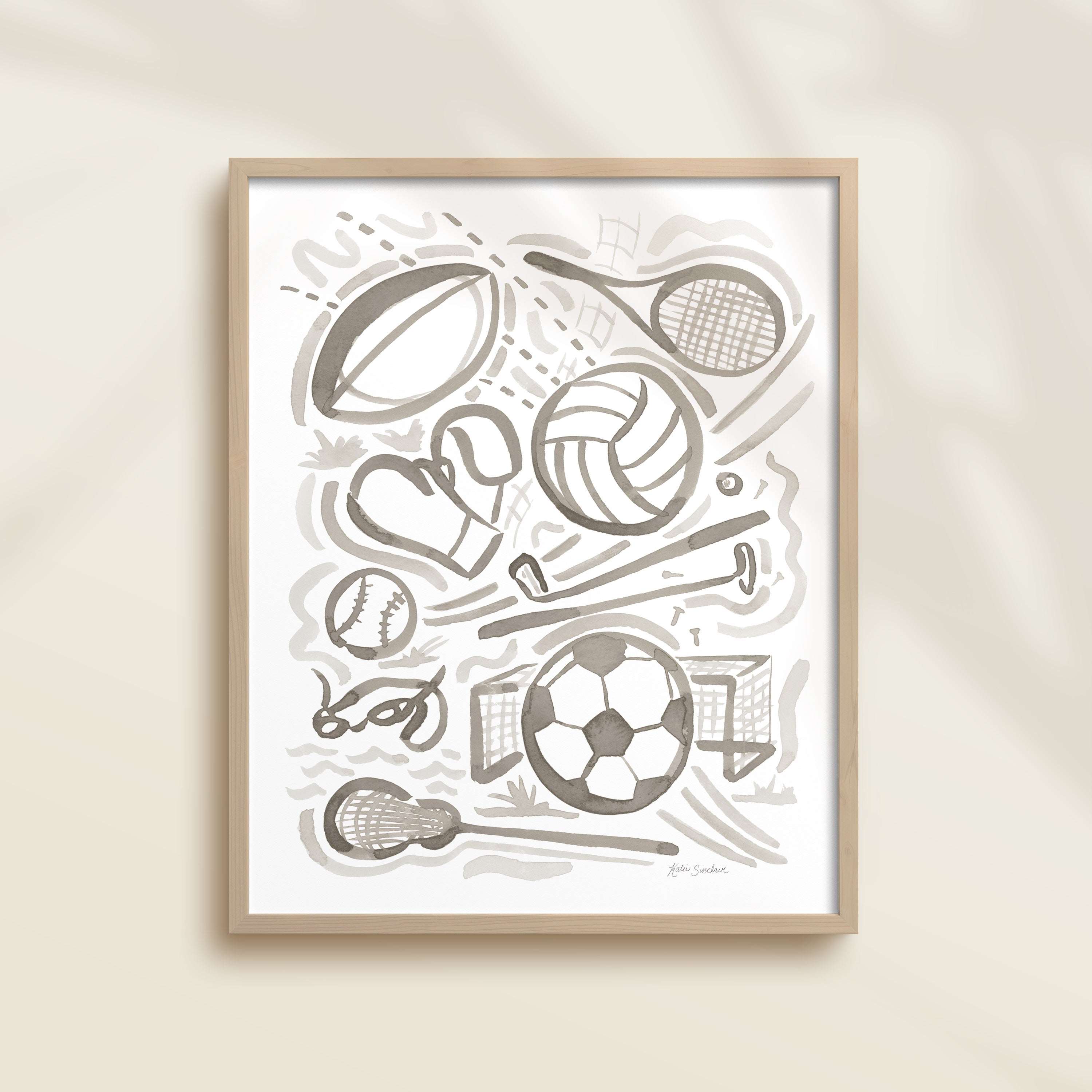 This sports watercolor art print features rugby, tennis, volleyball, golf, boxing, baseball, swimming, soccer, and lacrosse.  It uses gray watercolors on a white background. Perfect for kids' rooms, nurseries, playrooms.