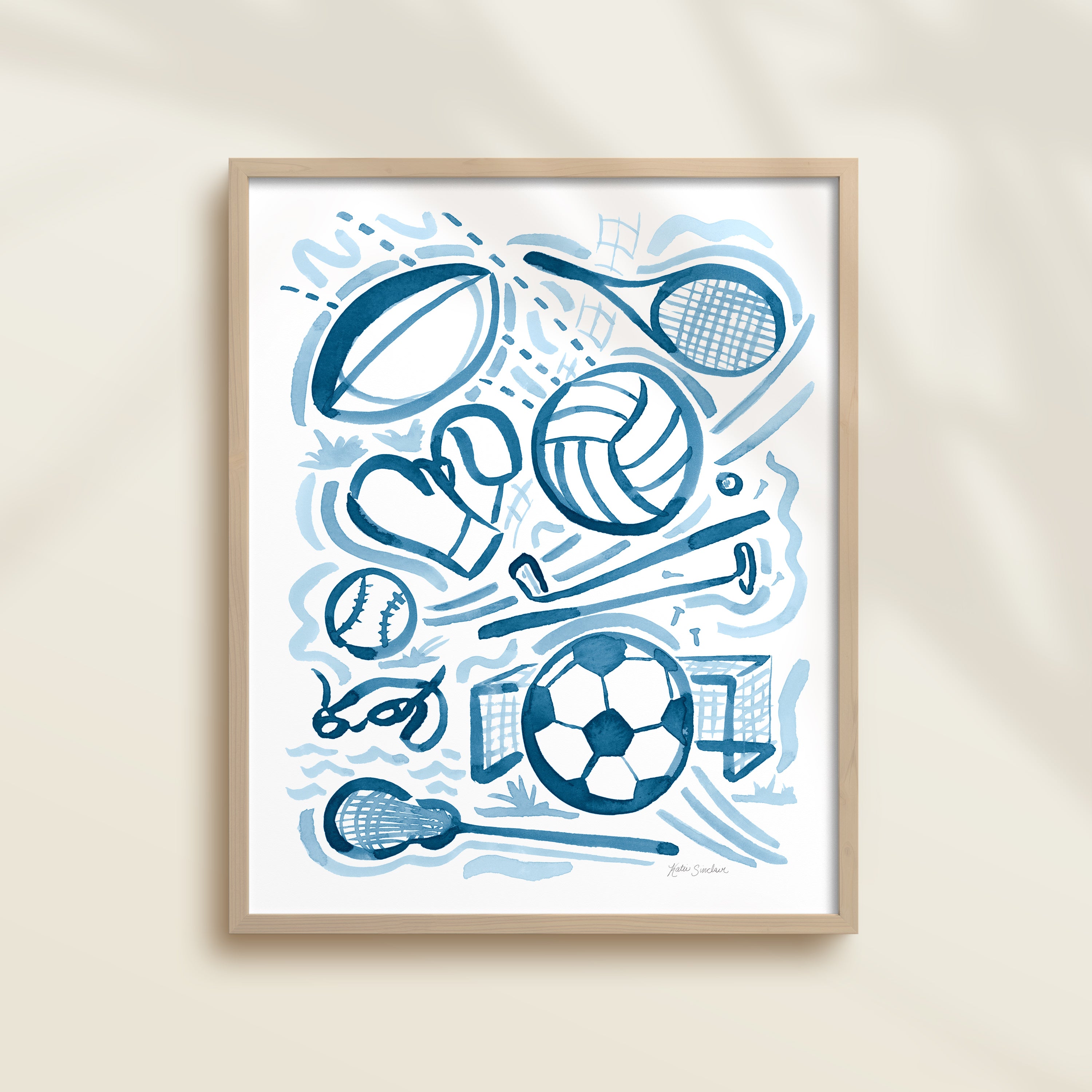 This sports watercolor art print features rugby, tennis, volleyball, golf, boxing, baseball, swimming, soccer, and lacrosse.  It uses blue watercolors on a white background. Perfect for kids' rooms, nurseries, playrooms.