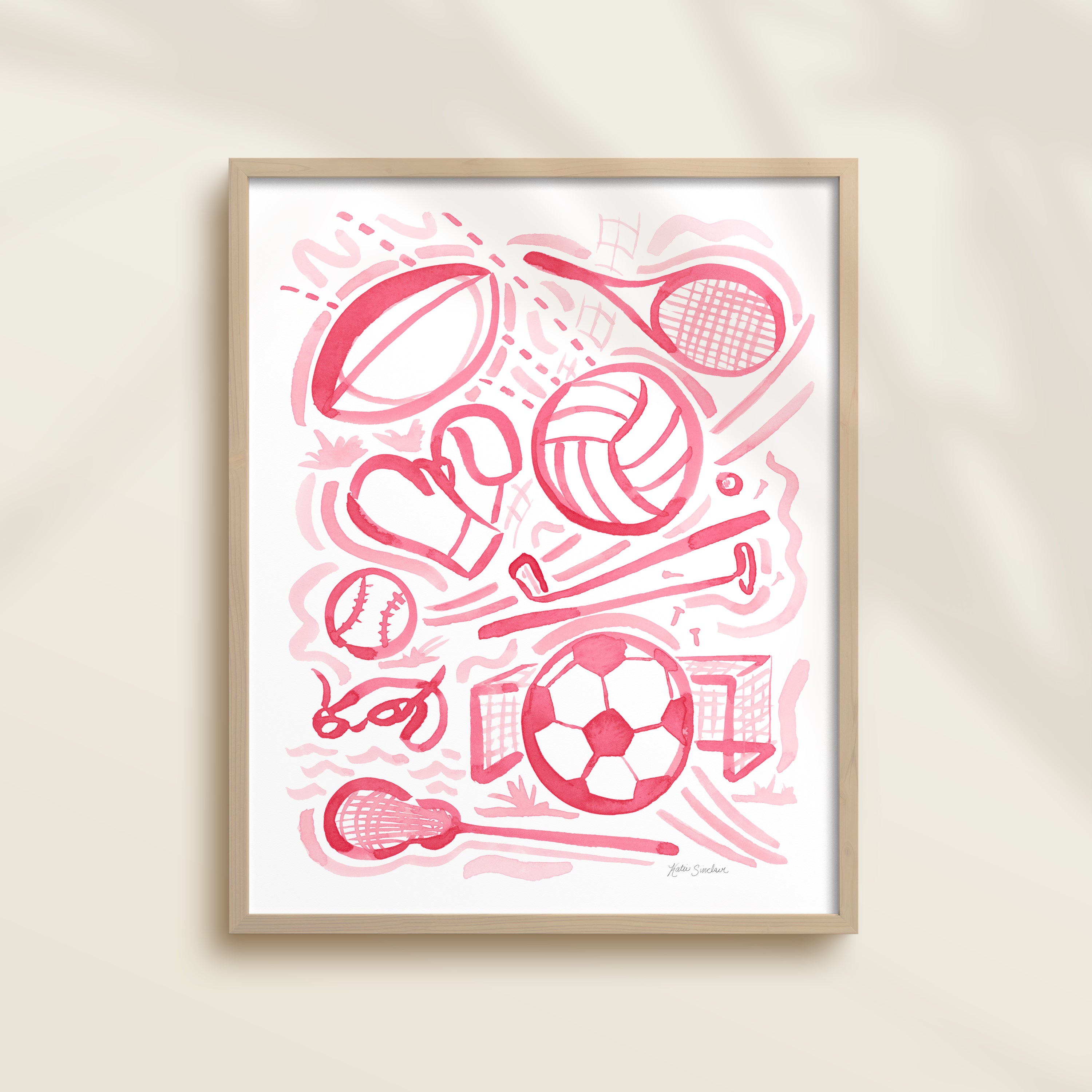 This sports watercolor art print features rugby, tennis, volleyball, golf, boxing, baseball, swimming, soccer, and lacrosse.  It uses pink watercolors on a white background. Perfect for kids' rooms, nurseries, playrooms.