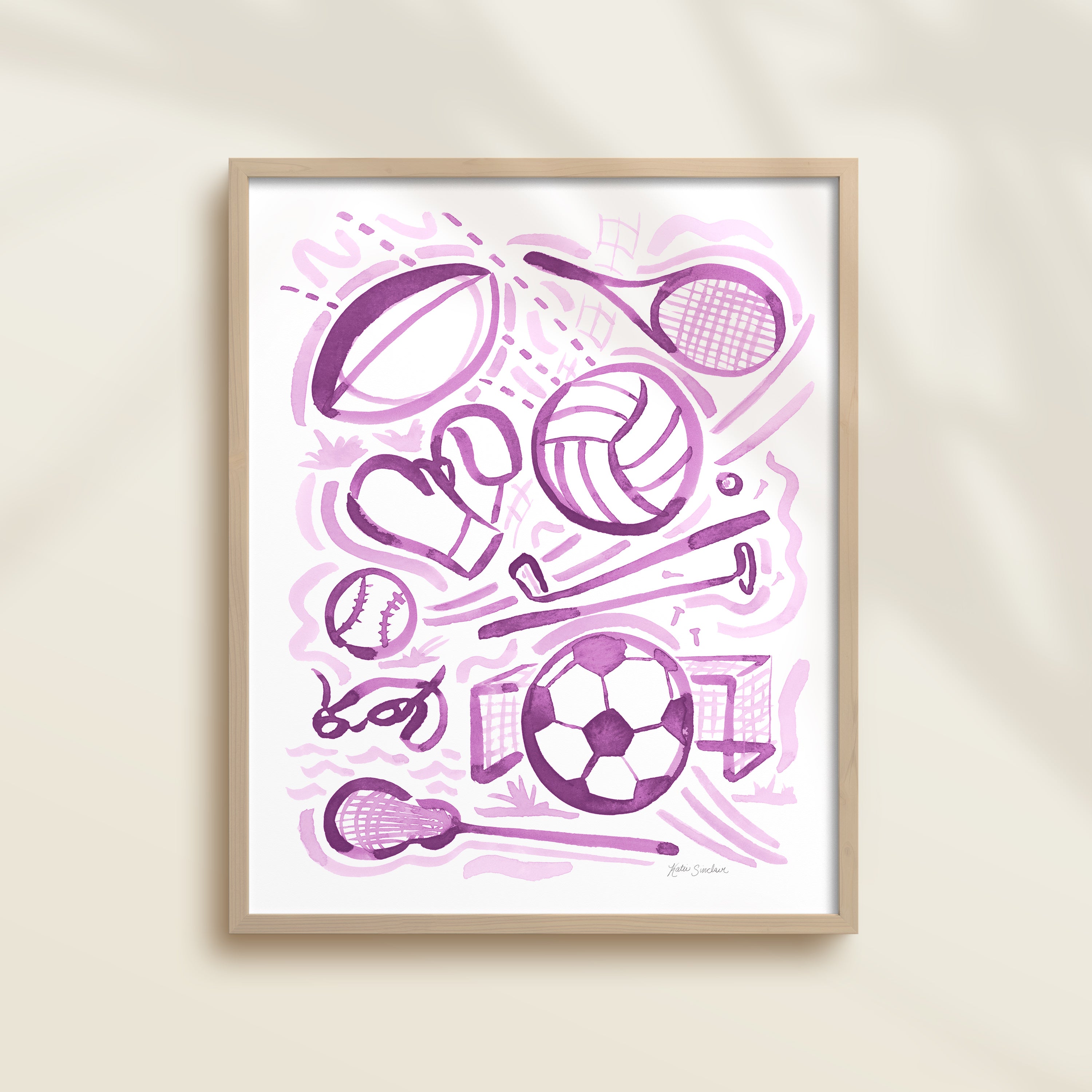This sports watercolor art print features rugby, tennis, volleyball, golf, boxing, baseball, swimming, soccer, and lacrosse.  It uses purple watercolors on a white background. Perfect for kids' rooms, nurseries, playrooms.