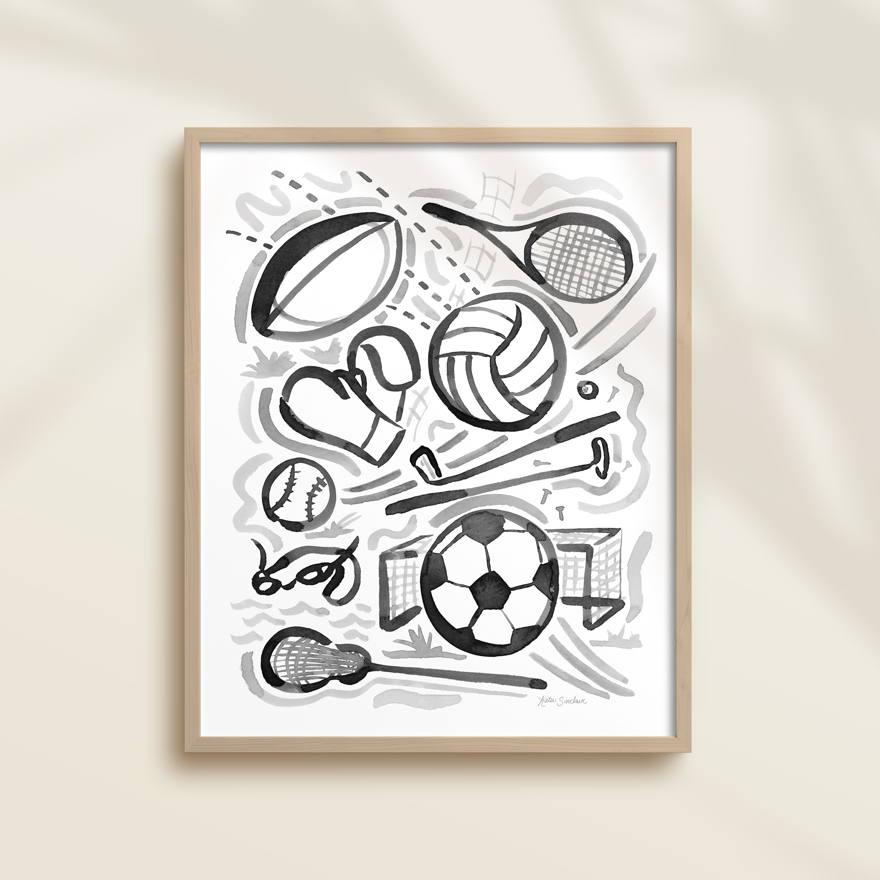 This sports watercolor art print features rugby, tennis, volleyball, golf, boxing, baseball, swimming, soccer, and lacrosse.  It uses black and white watercolors on a white background. Perfect for kids' rooms, nurseries, playrooms.
