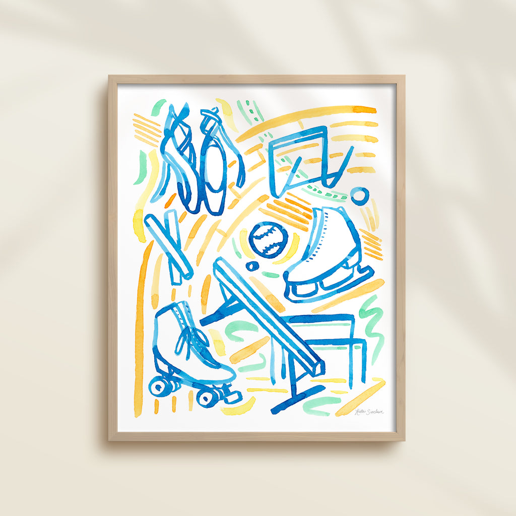 This sports watercolor art print features gymnastics, track, ice skating, roller derby, and ballet dance.  It uses blue, green, and orange watercolors on a white background. Perfect for kids' rooms, nurseries, playrooms.