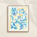 This sports watercolor art print features gymnastics, track, ice skating, roller derby, and ballet dance.  It uses blue, green, and orange watercolors on a white background. Perfect for kids' rooms, nurseries, playrooms.