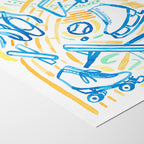 Sports is a watercolor art print featuring various sports motifs and symbols. Perfect for boys’ rooms, nurseries, playrooms.  It shows a close up of the corner of the artwork highlighting the archival paper's natural faint texture.