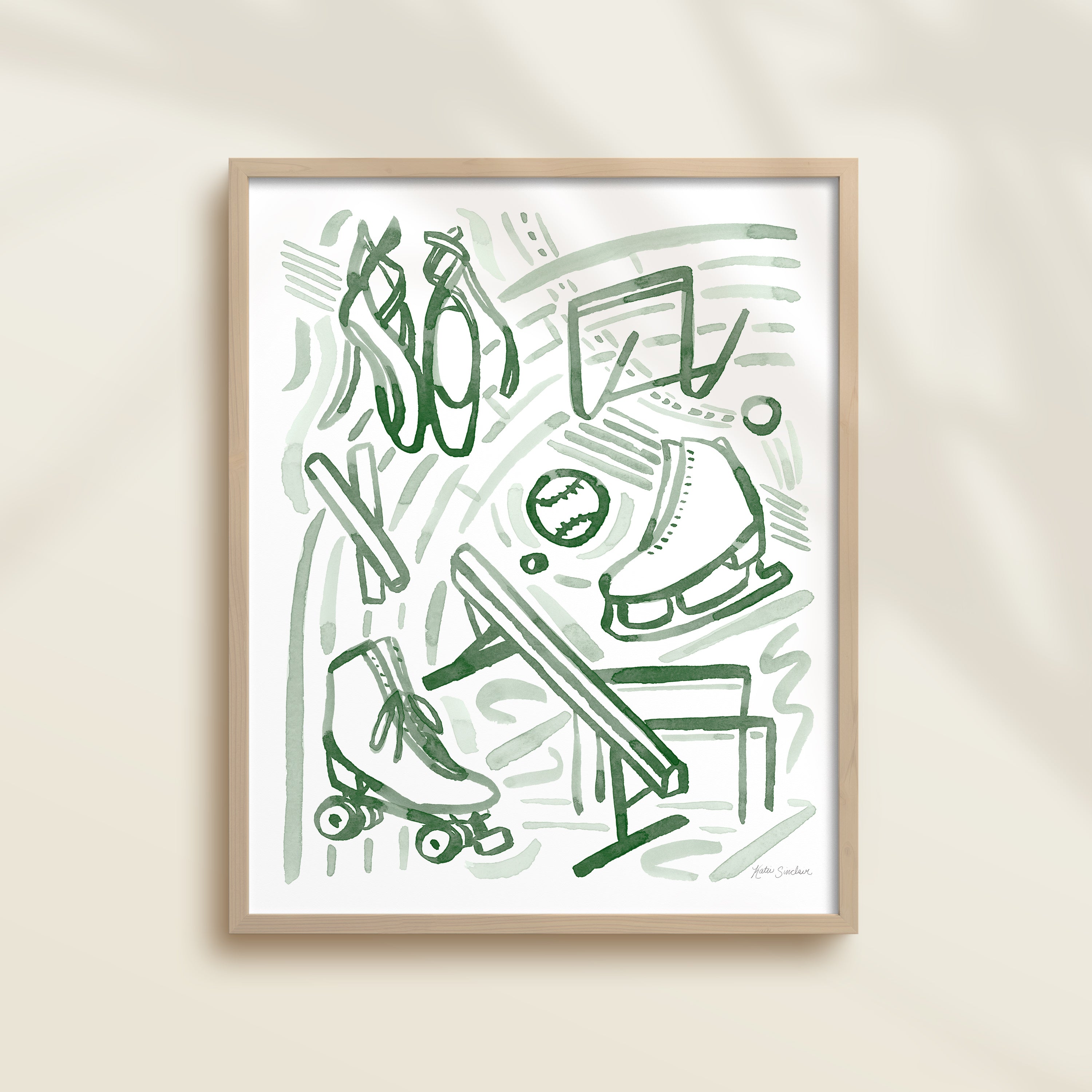This sports watercolor art print features gymnastics, track, ice skating, roller derby, and ballet dance.  It uses green watercolors on a white background. Perfect for kids' rooms, nurseries, playrooms.