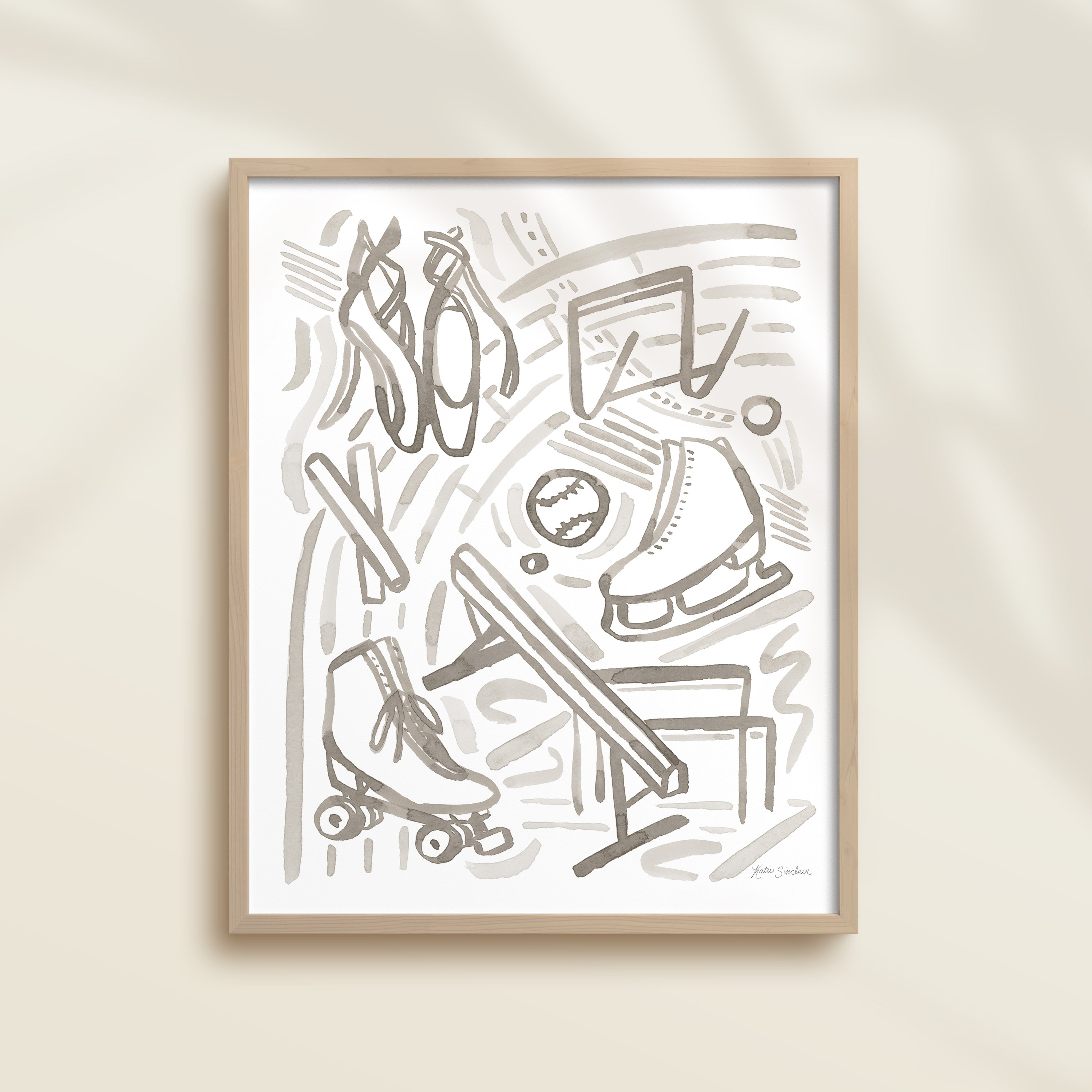 This sports watercolor art print features gymnastics, track, ice skating, roller derby, and ballet dance.  It uses gray watercolors on a white background. Perfect for kids' rooms, nurseries, playrooms.