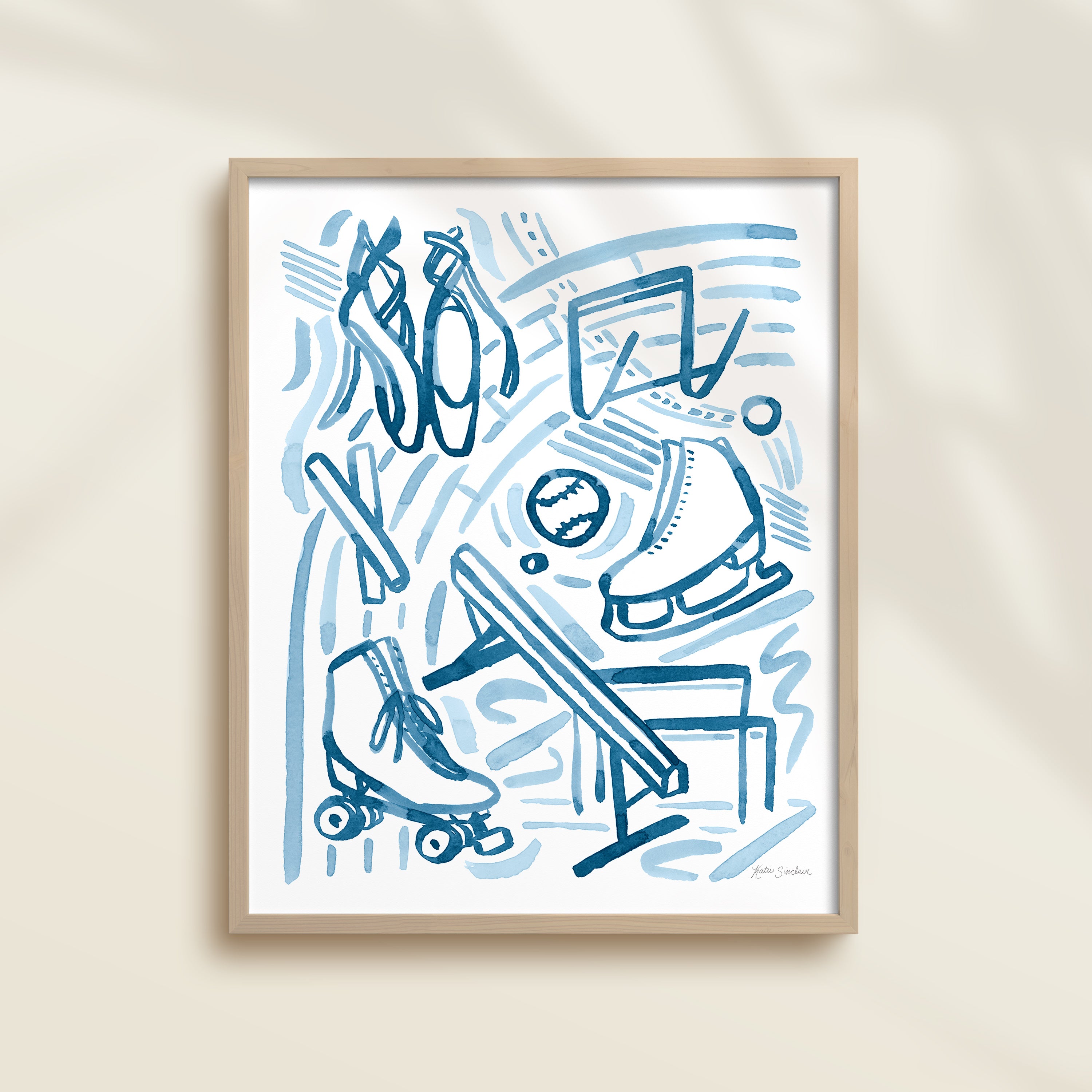 This sports watercolor art print features gymnastics, track, ice skating, roller derby, and ballet dance.  It uses blue watercolors on a white background. Perfect for kids' rooms, nurseries, playrooms.