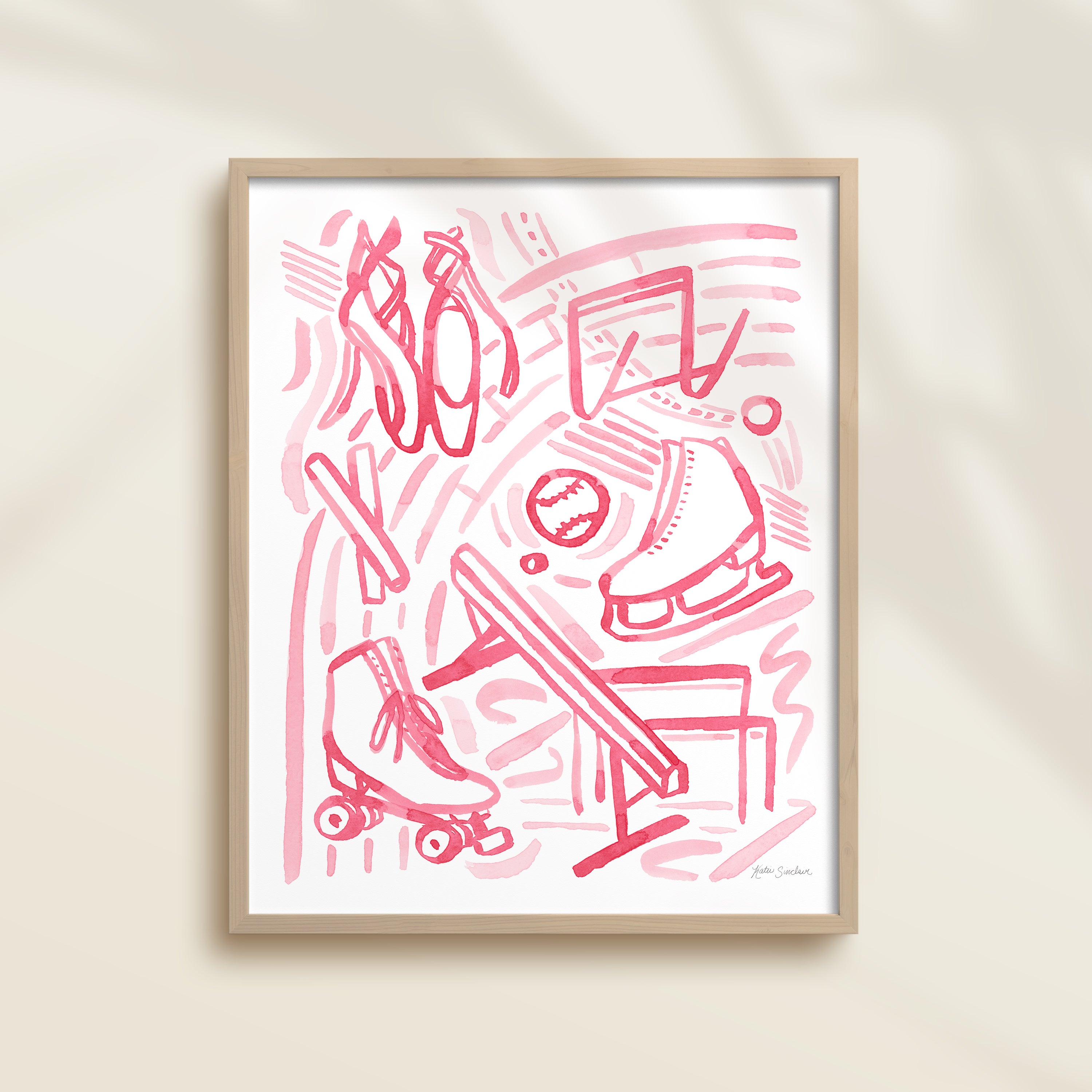 This sports watercolor art print features gymnastics, track, ice skating, roller derby, and ballet dance.  It uses pink watercolors on a white background. Perfect for kids' rooms, nurseries, playrooms.