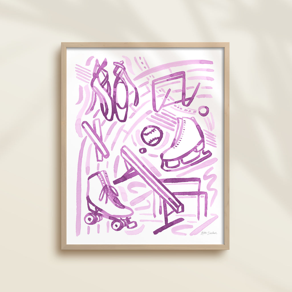 This sports watercolor art print features gymnastics, track, ice skating, roller derby, and ballet dance.  It uses purple watercolors on a white background. Perfect for kids' rooms, nurseries, playrooms.