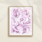 This sports watercolor art print features gymnastics, track, ice skating, roller derby, and ballet dance.  It uses purple watercolors on a white background. Perfect for kids' rooms, nurseries, playrooms.