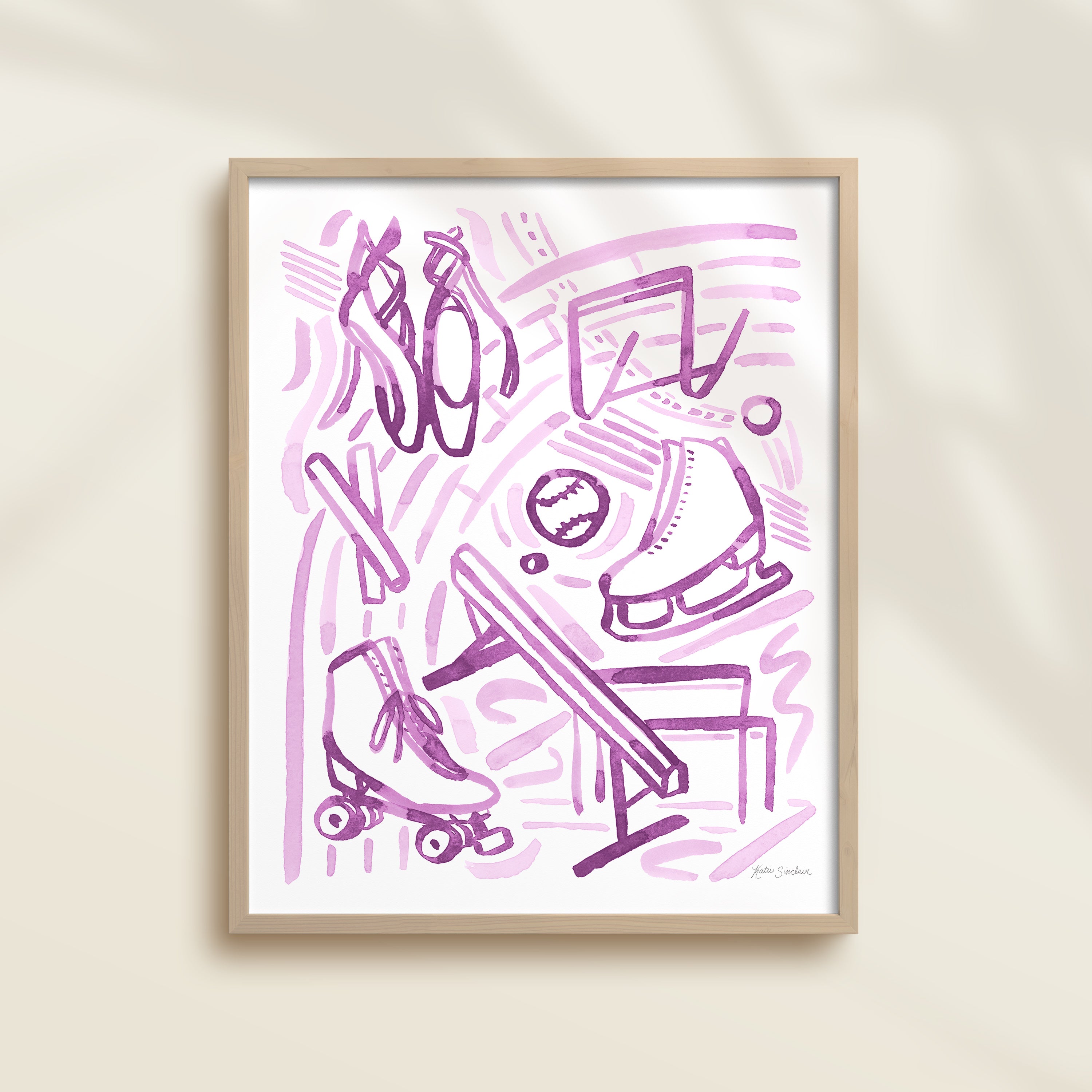 This sports watercolor art print features gymnastics, track, ice skating, roller derby, and ballet dance.  It uses purple watercolors on a white background. Perfect for kids' rooms, nurseries, playrooms.