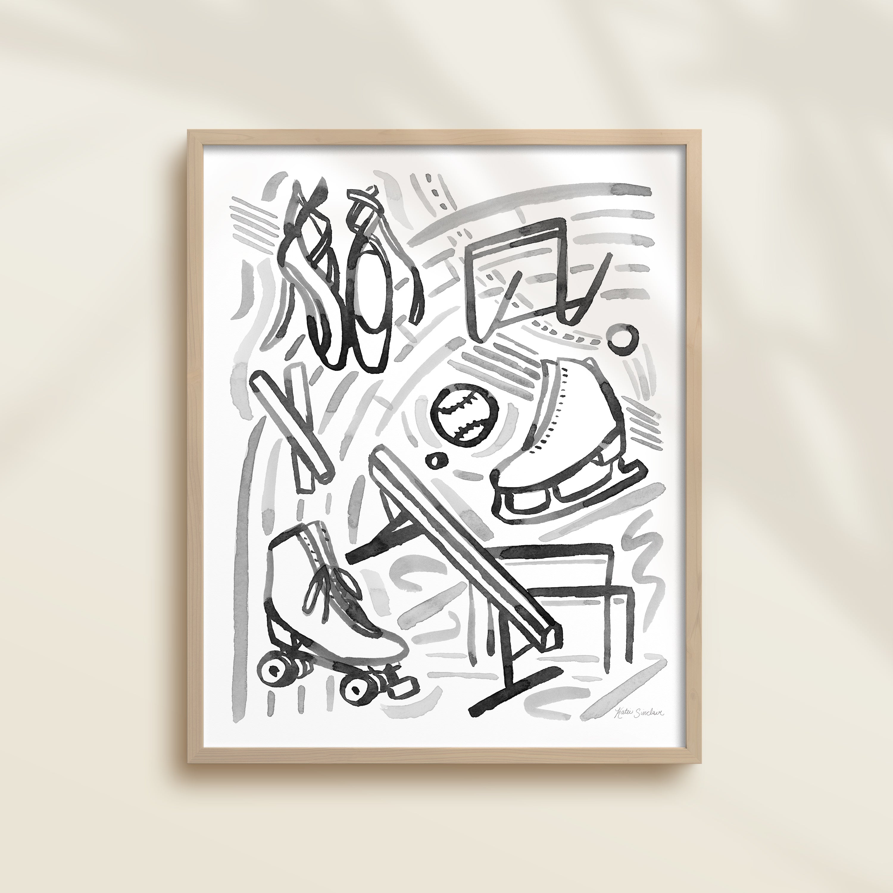 This sports watercolor art print features gymnastics, track, ice skating, roller derby, and ballet dance.  It uses black and white watercolors on a white background. Perfect for kids' rooms, nurseries, playrooms.
