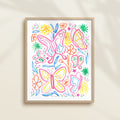 Framed hand-painted colorful watercolor artwork with garden motifs, including butterflies and flowers.