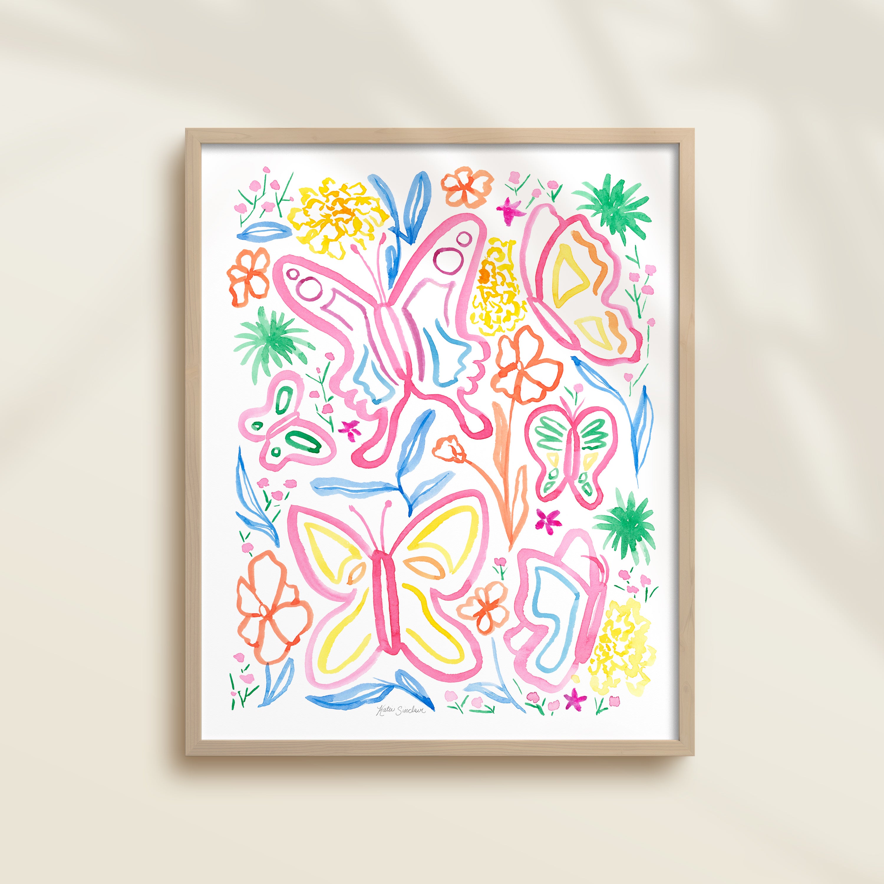 Framed hand-painted colorful watercolor artwork with garden motifs, including butterflies and flowers.