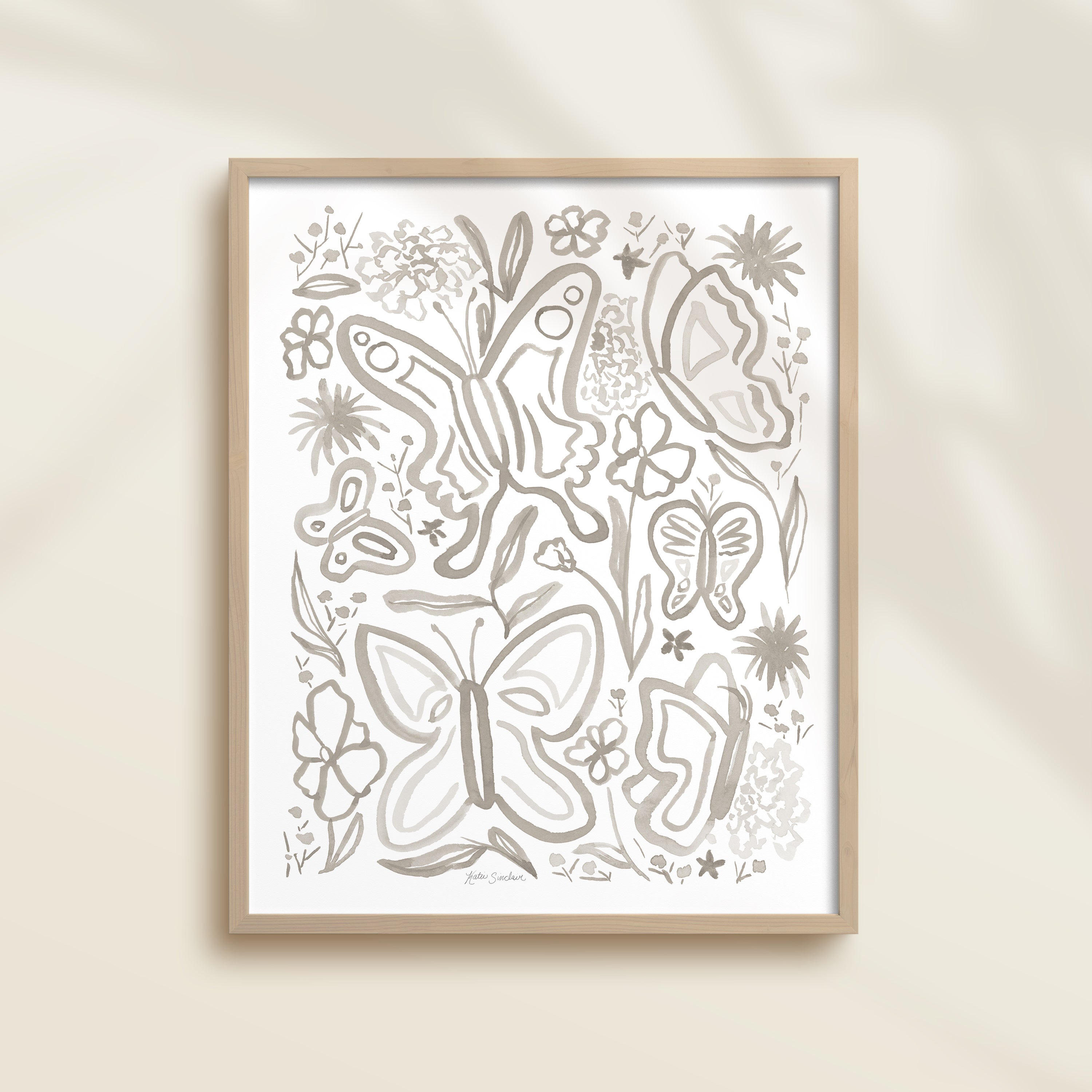 Framed hand-painted gray watercolor artwork with garden motifs, including butterflies and flowers.