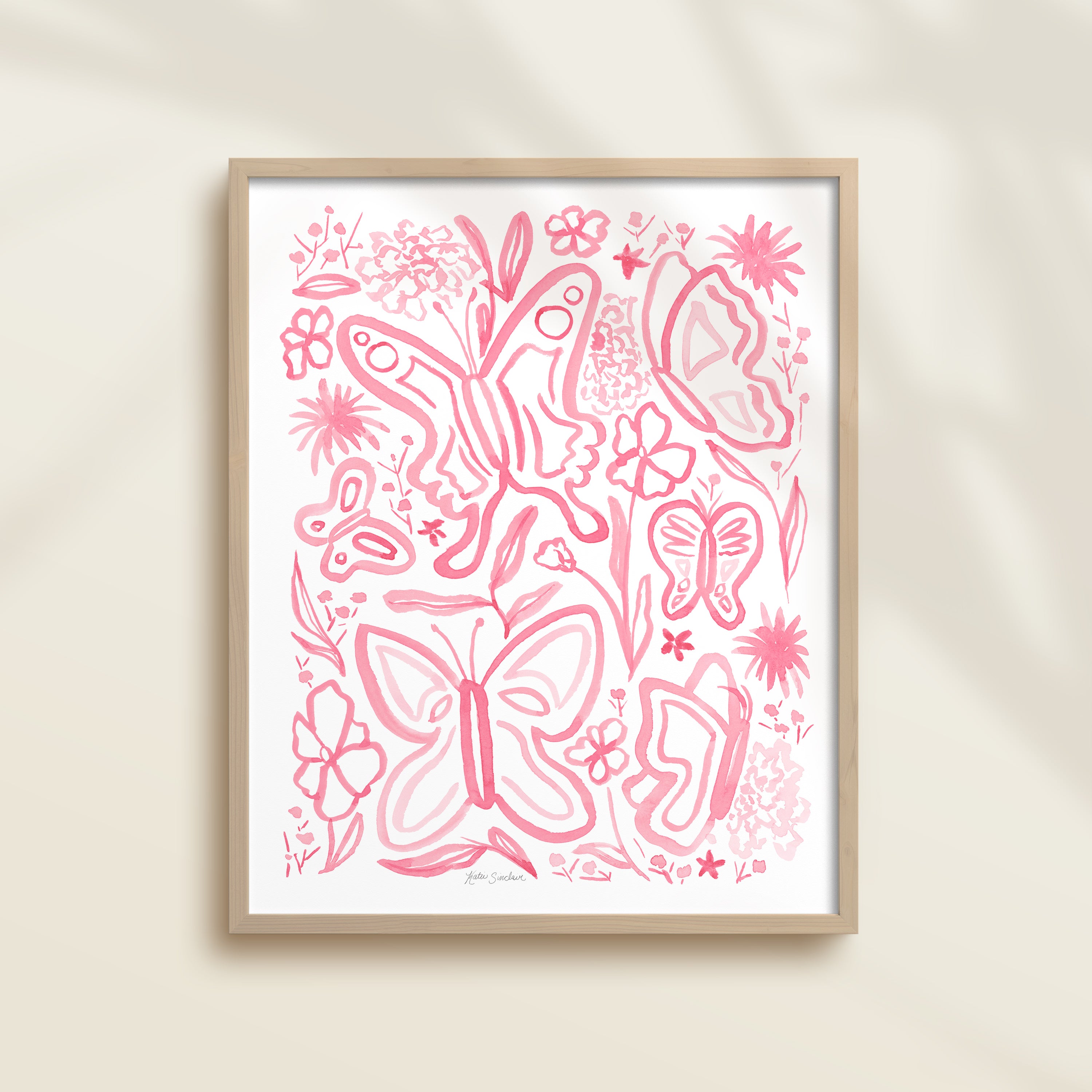 Framed hand-painted pink watercolor artwork with garden motifs, including butterflies and flowers.