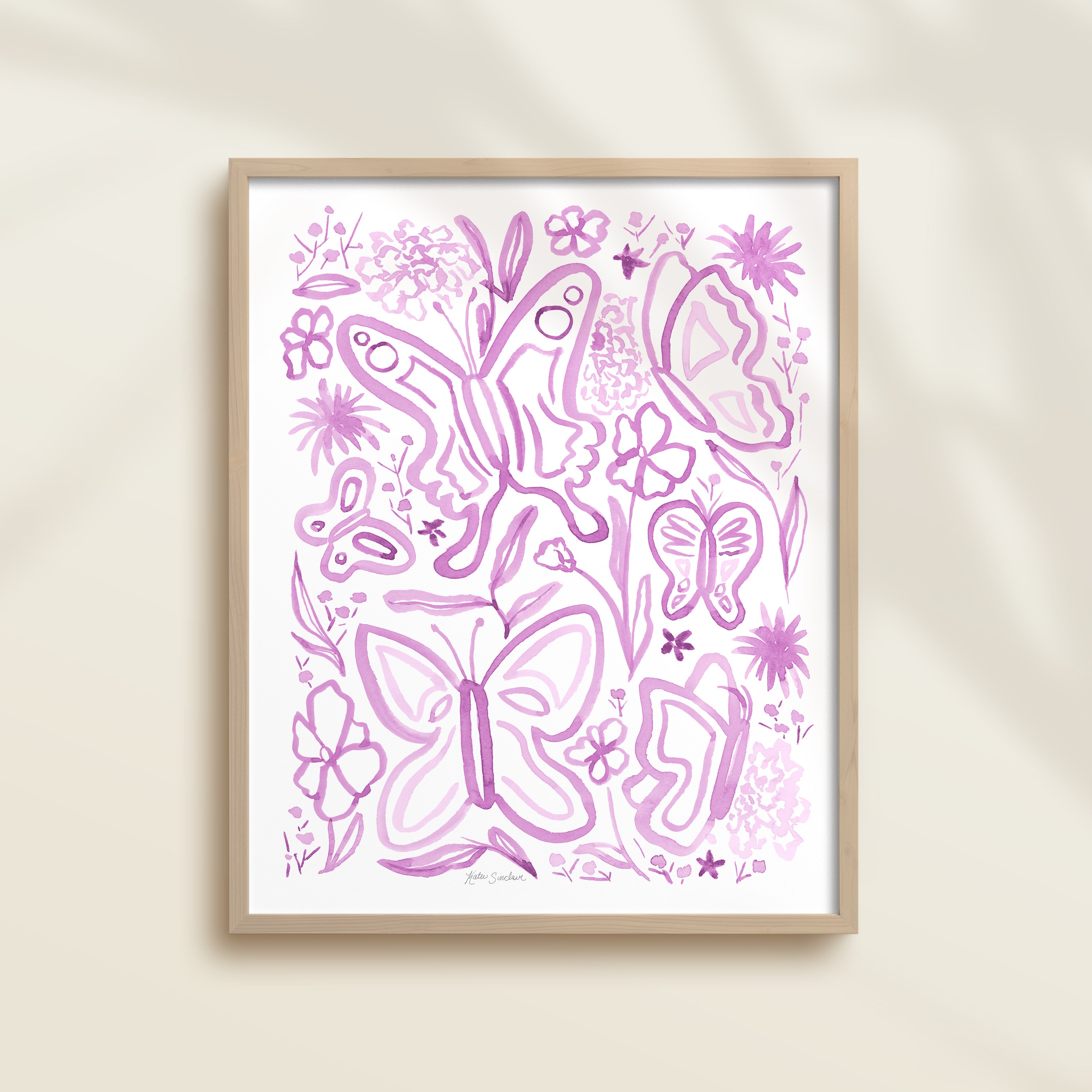 Framed hand-painted purple watercolor artwork with garden motifs, including butterflies and flowers.